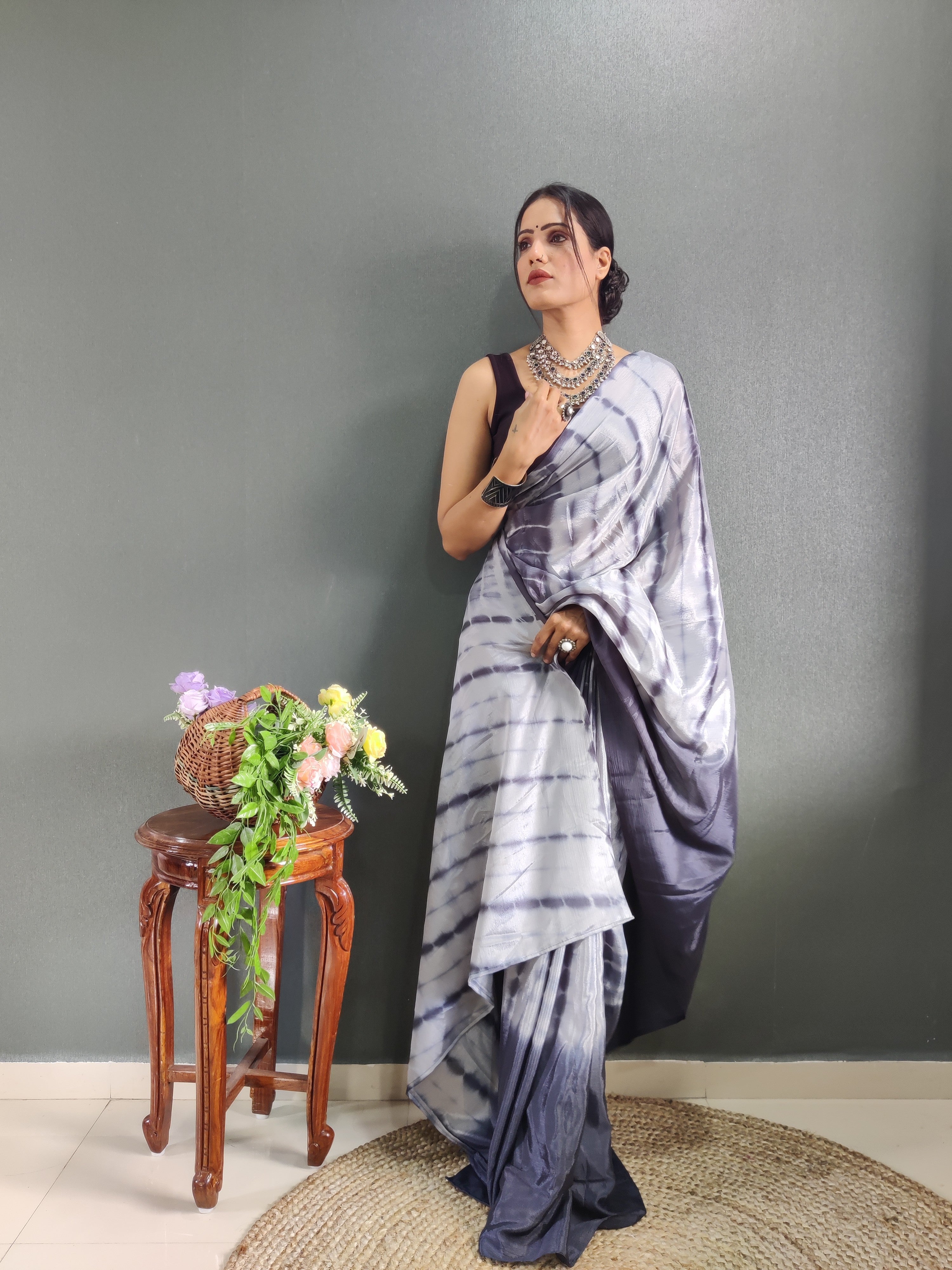 1-min Ready To Wear Saree In Premium Chinon Silk Fabric