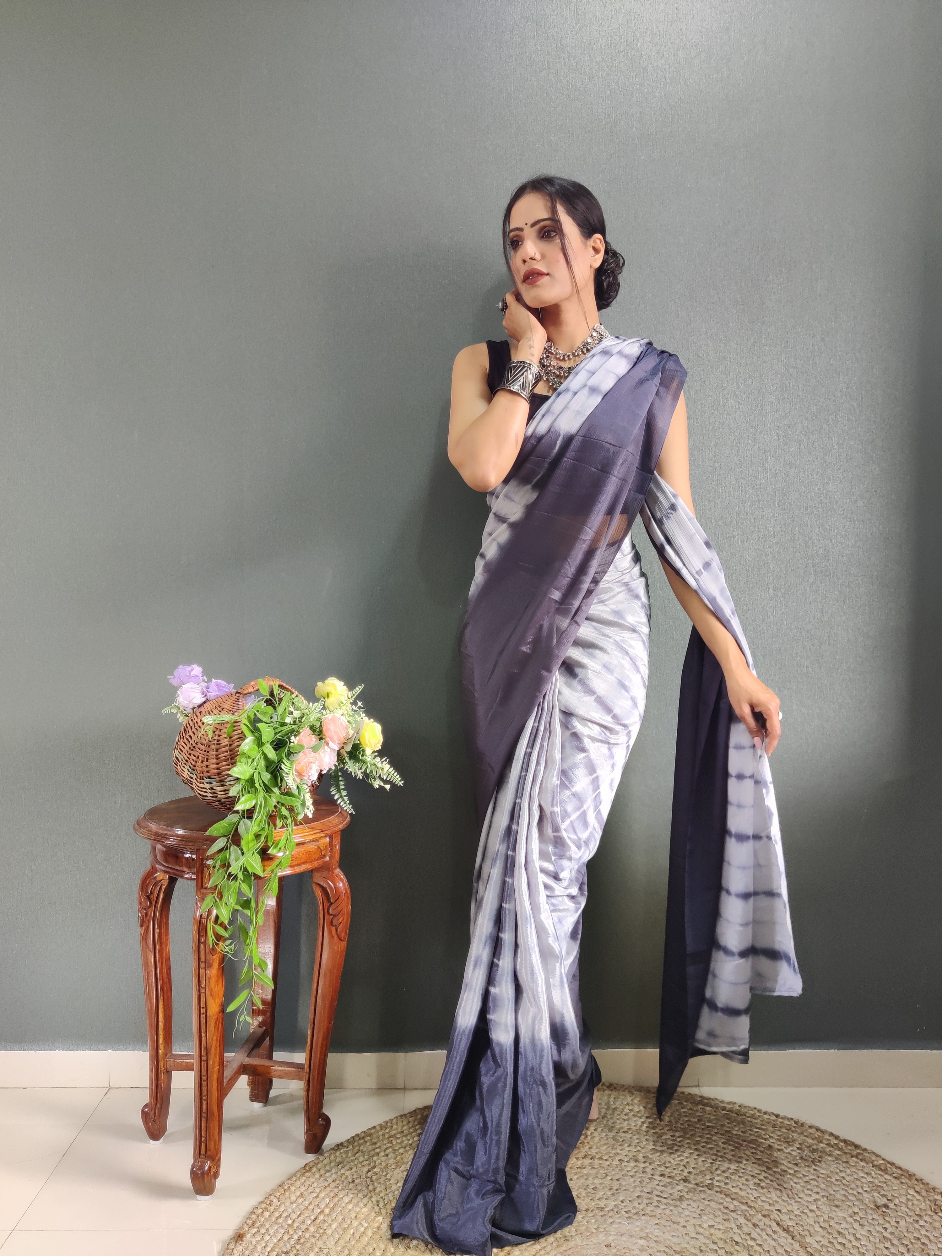 1-min Ready To Wear Saree In Premium Chinon Silk Fabric