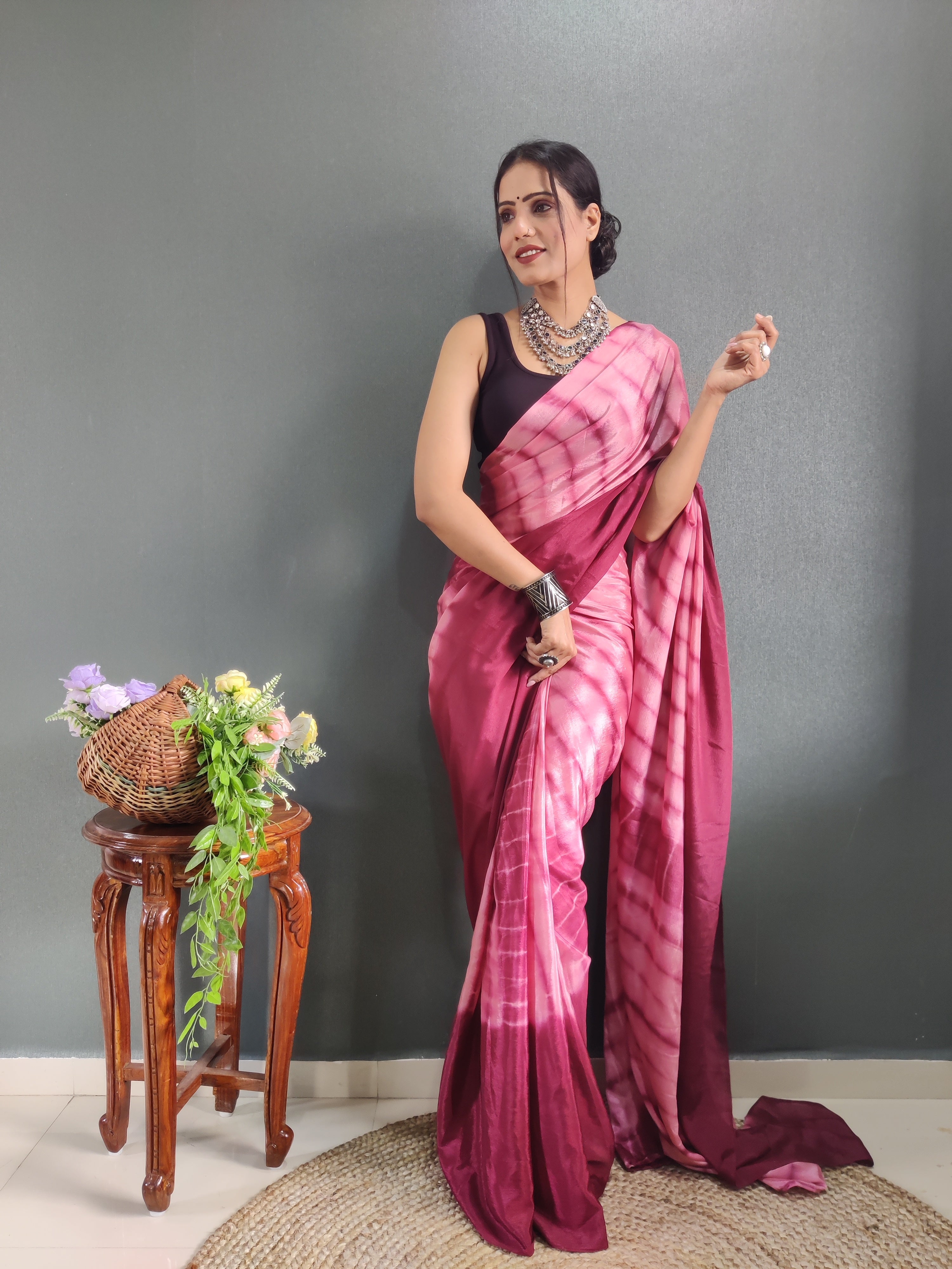 1-min Ready To Wear Saree In Premium Chinon Silk Fabric