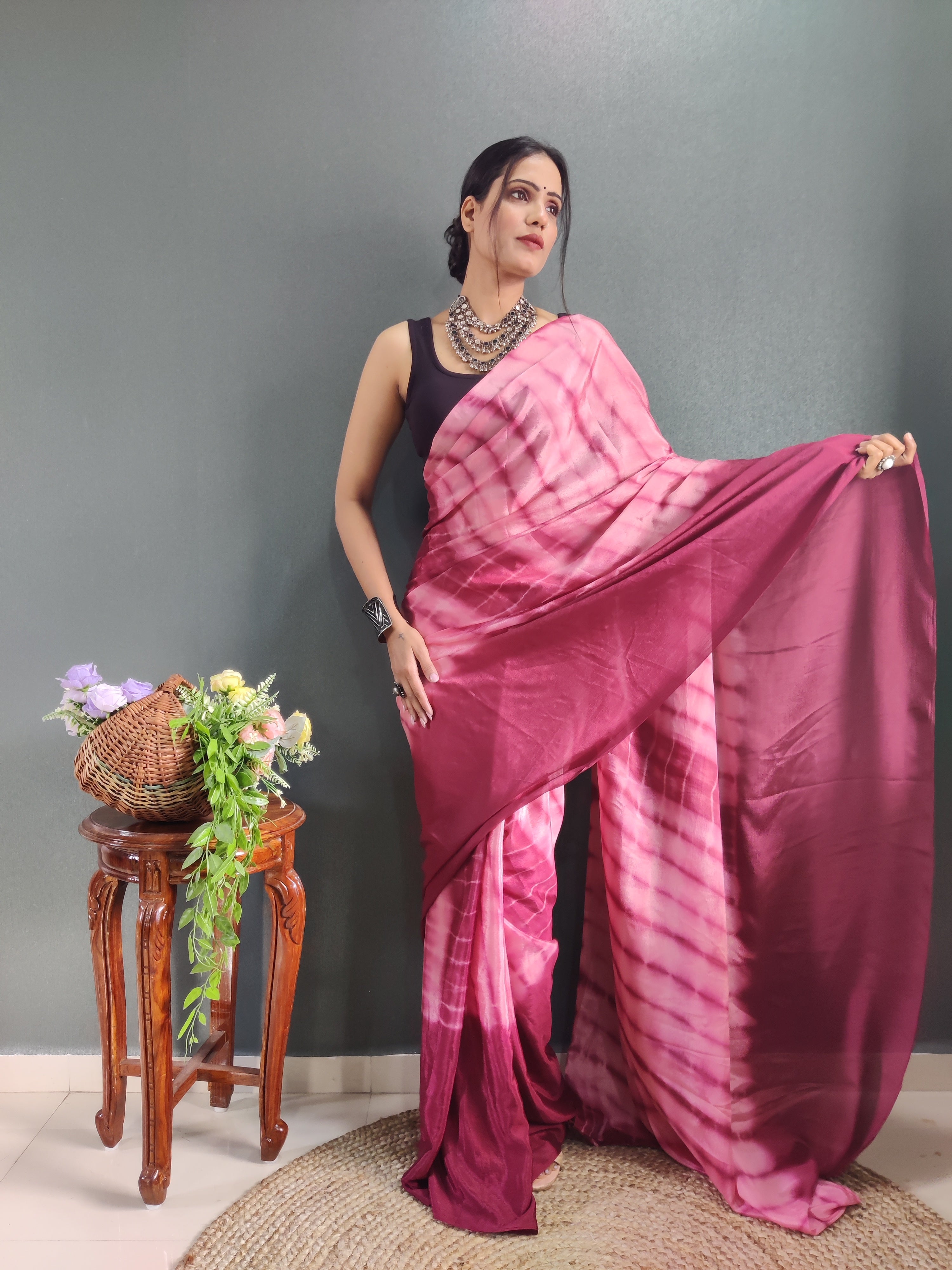 1-min Ready To Wear Saree In Premium Chinon Silk Fabric