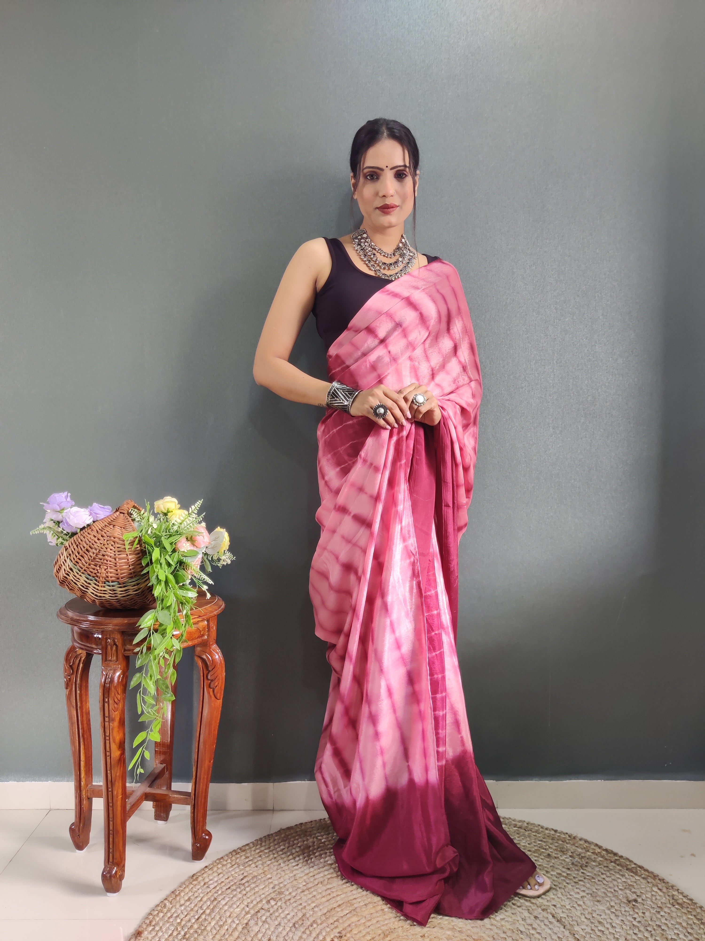 1-min Ready To Wear Saree In Premium Chinon Silk Fabric