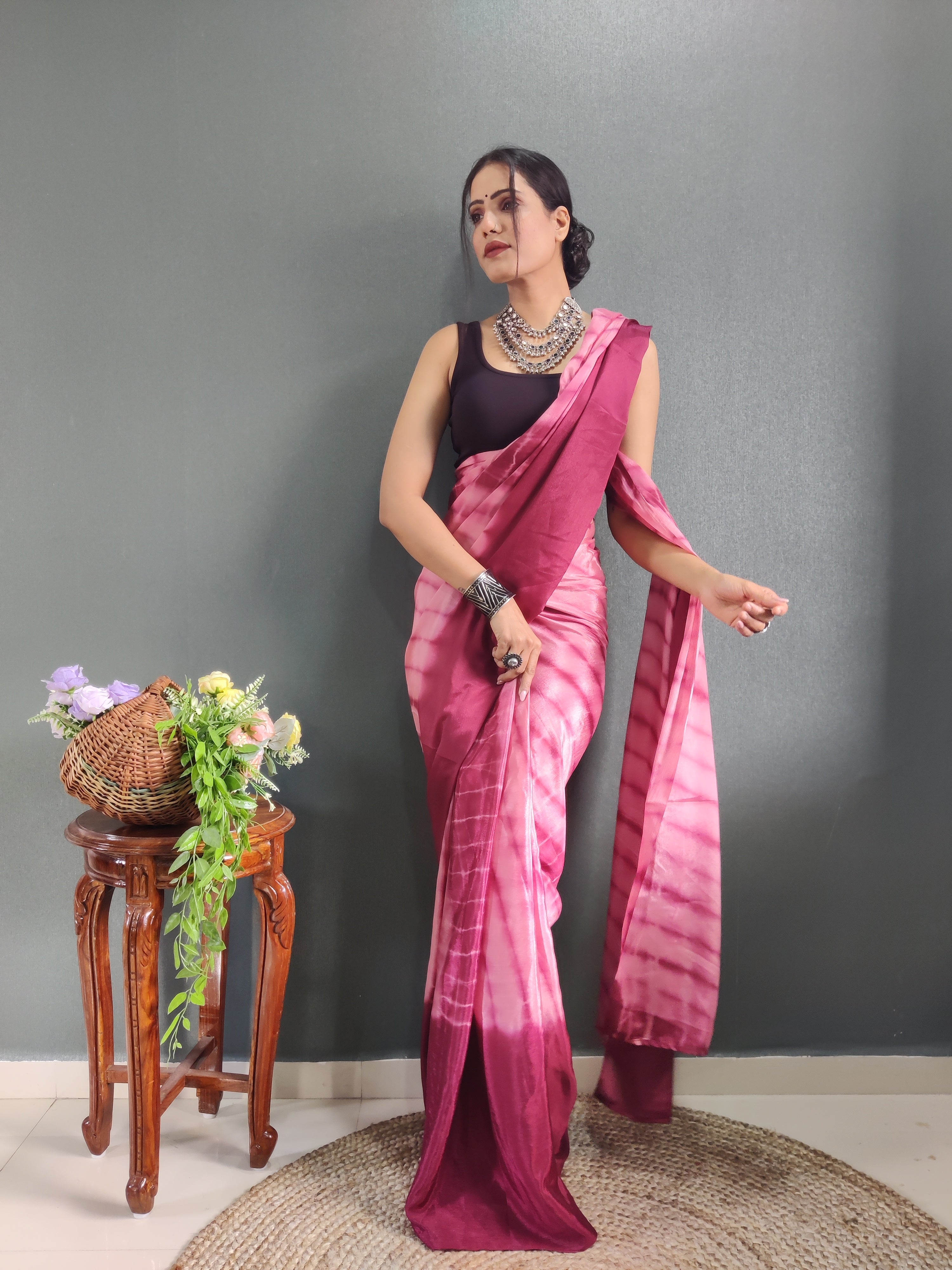 1-min Ready To Wear Saree In Premium Chinon Silk Fabric