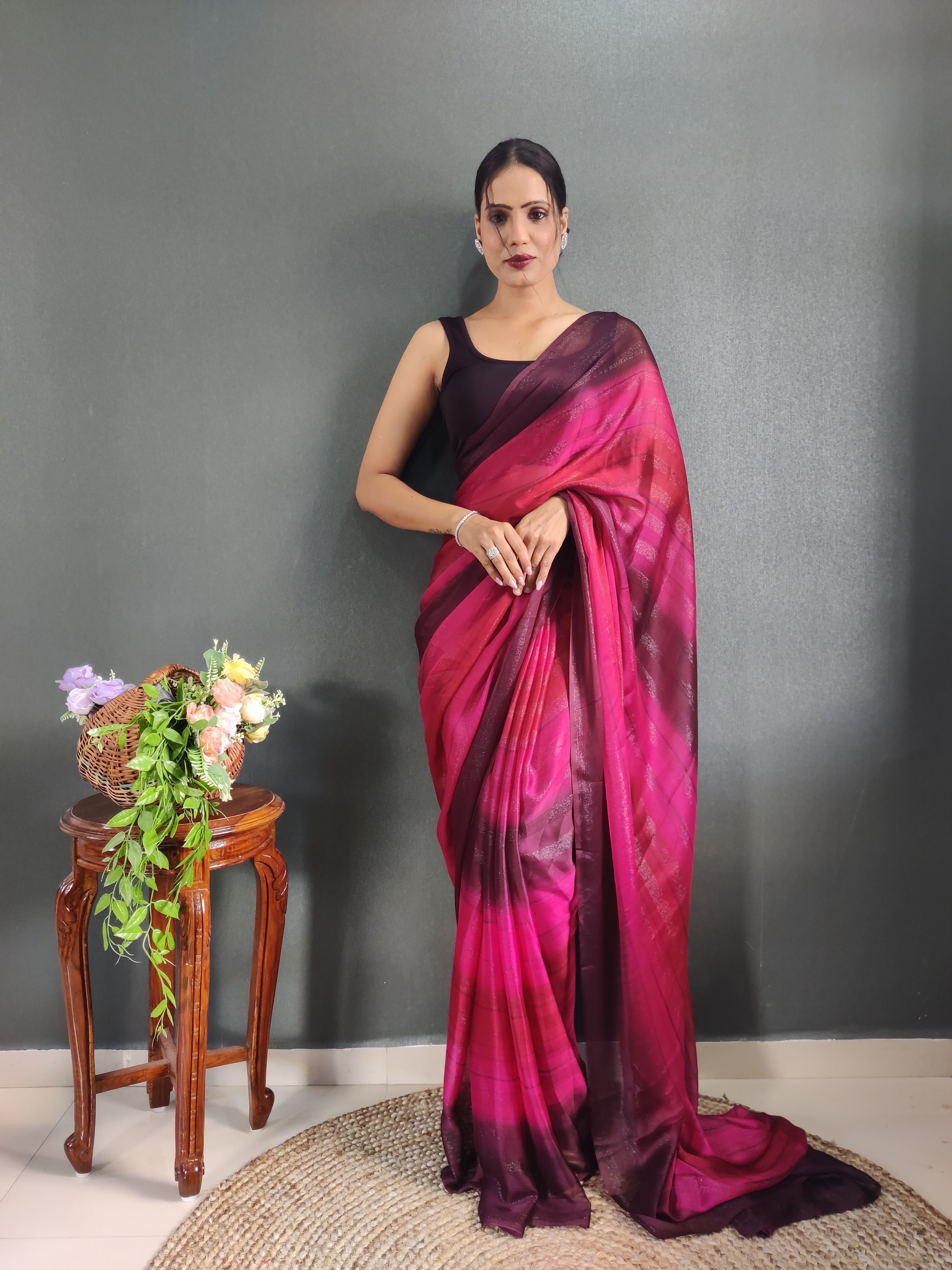 1- Min Ready To Wear Saree In Georgette Fabric With Important Zari Padding