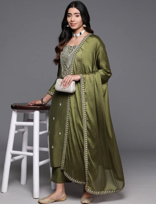 Dazzling  Mahendi Beautiful Viscose Chanderi Suit Set