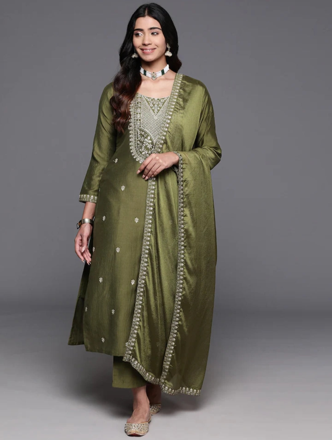 Dazzling  Mahendi Beautiful Viscose Chanderi Suit Set