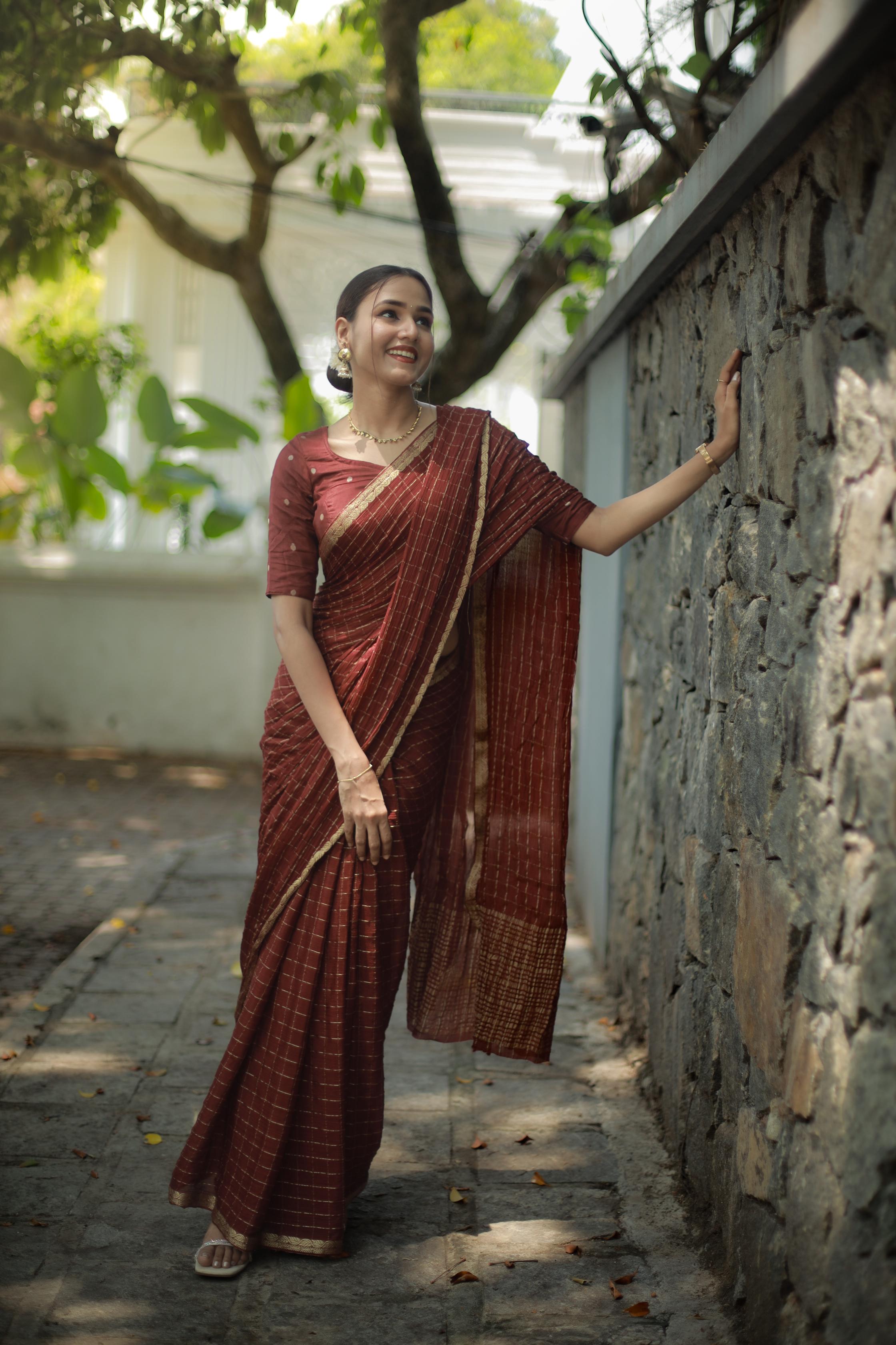 Most Trending Viral Pure Viscose Silk Dark Coffee Saree With Weaving Zari Border