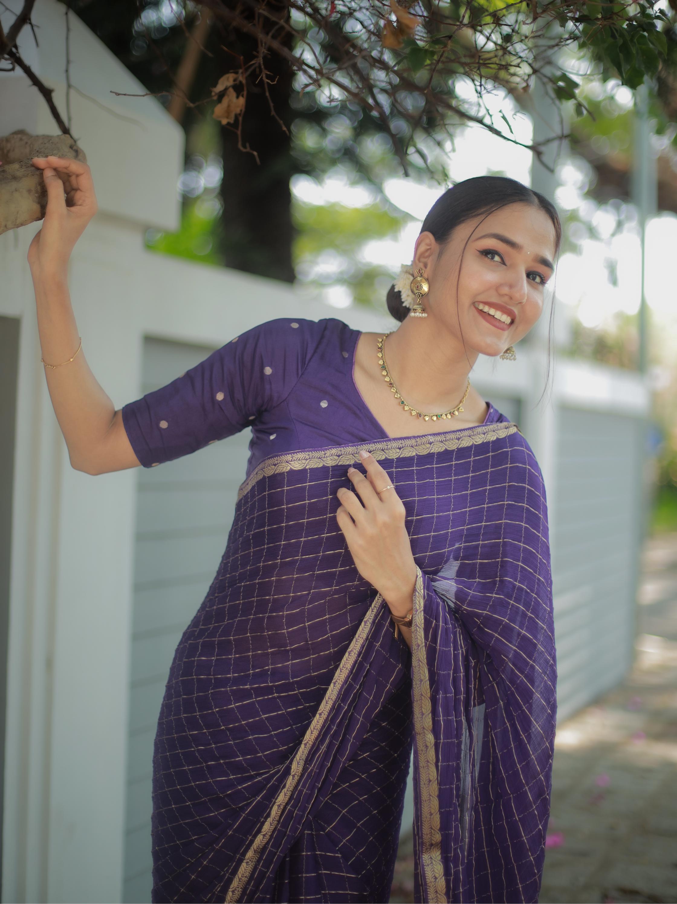 Most Trending Viral Pure Viscose Silk Dark Purple Saree With Weaving Zari Border