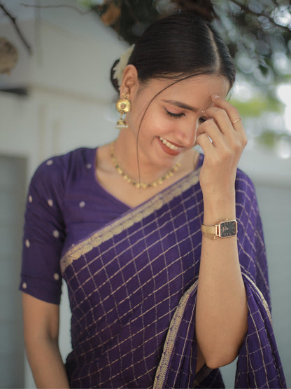 Most Trending Viral Viscose Silk Dark Purple Saree With Weaving Zari Border