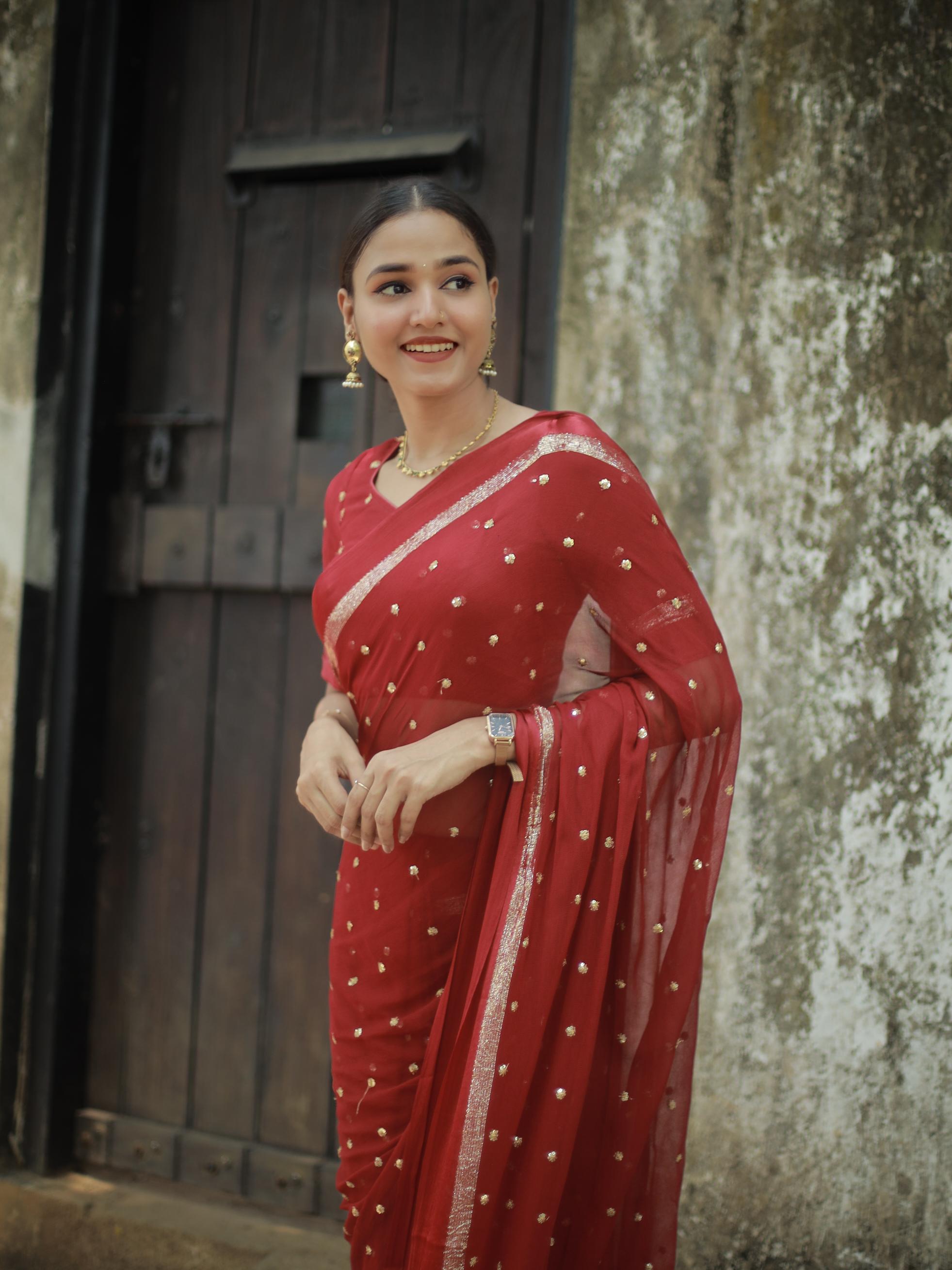 Most Trending Viral Pure Viscose Georgette Festival Maroon Saree With Satin Border