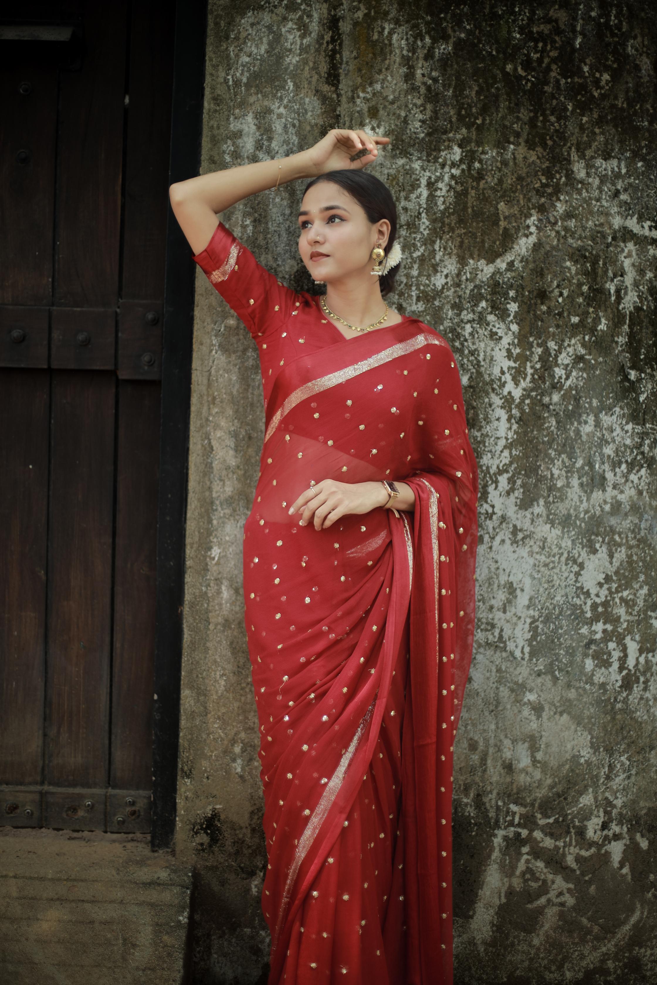 Most Trending Viral Pure Viscose Georgette Festival Maroon Saree With Satin Border