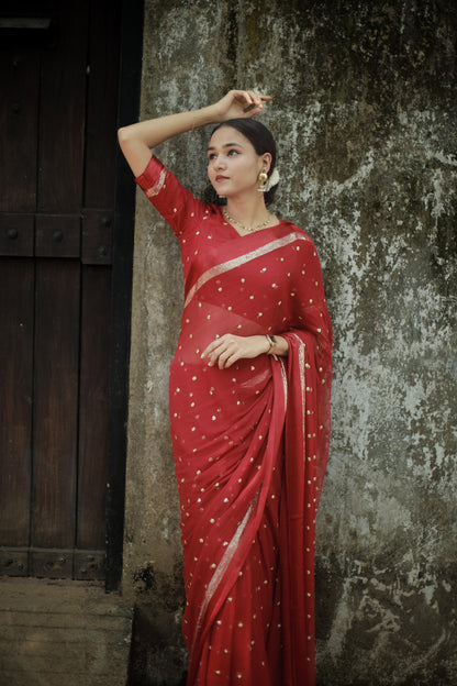 Most Trending Viral Pure Viscose Georgette Festival Maroon Saree With Satin Border