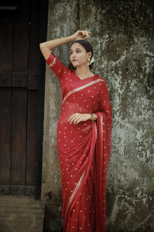 Most Trending Viral Pure Viscose Georgette Festival Maroon Saree With Satin Border