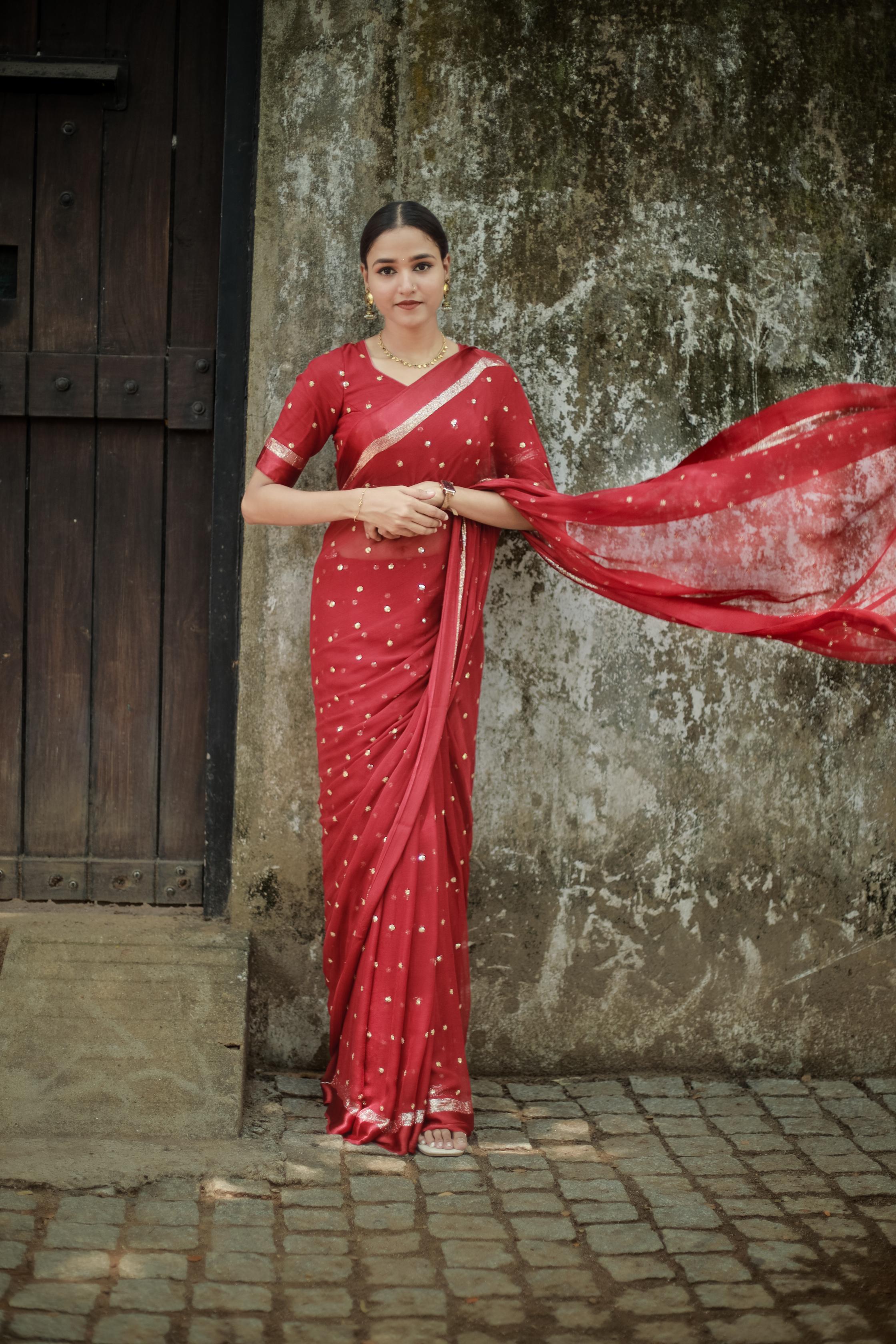 Most Trending Viral Pure Viscose Georgette Festival Maroon Saree With Satin Border