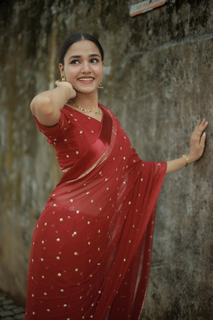 Most Trending Viral Pure Viscose Georgette Festival Maroon Saree With Satin Border