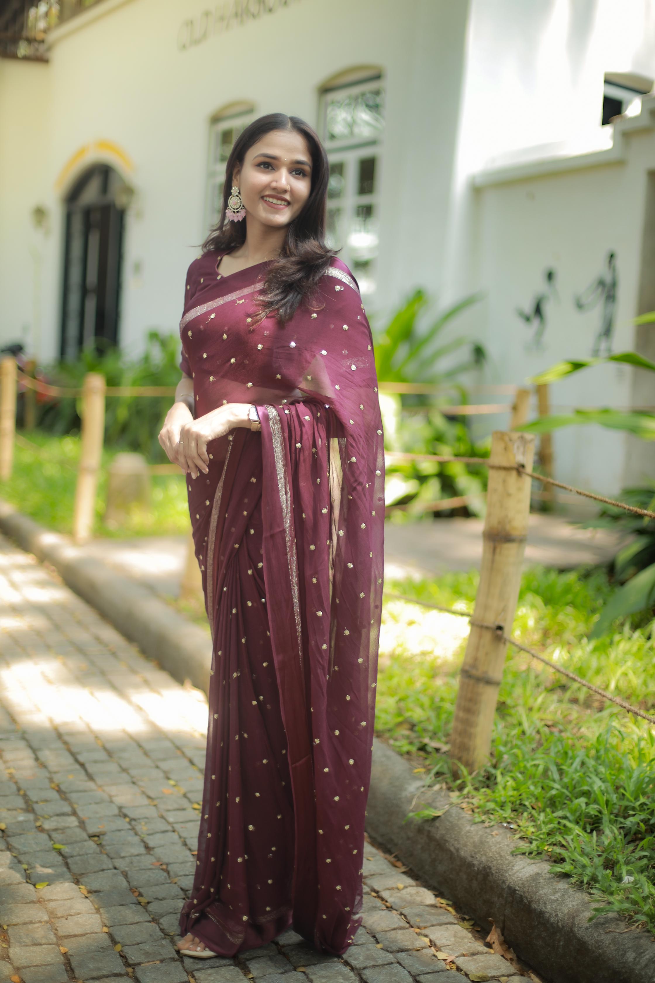 Most Trending Viral Pure Viscose Georgette Festival Red Saree With Satin Border