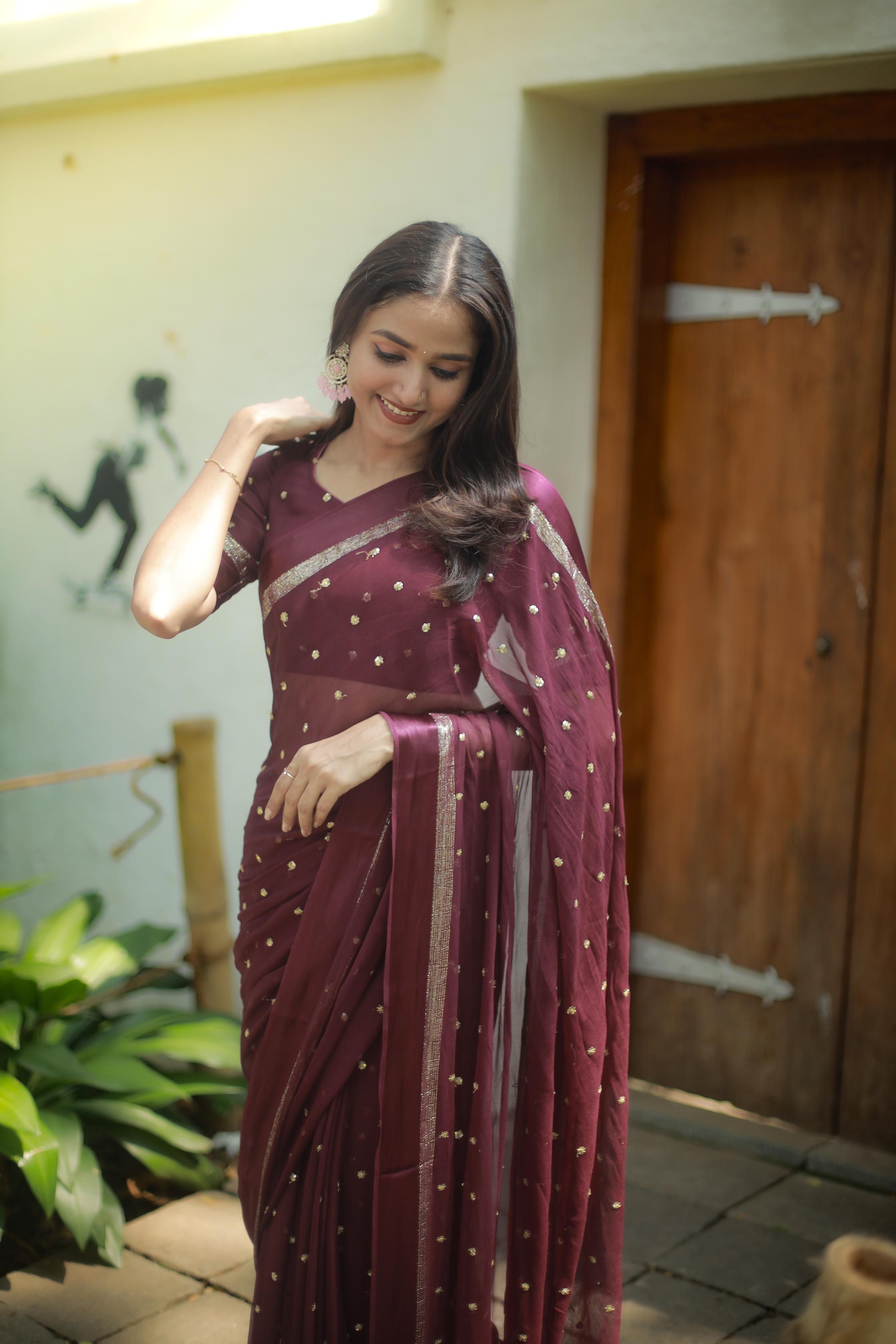 Most Trending Viral Pure Viscose Georgette Festival Red Saree With Satin Border