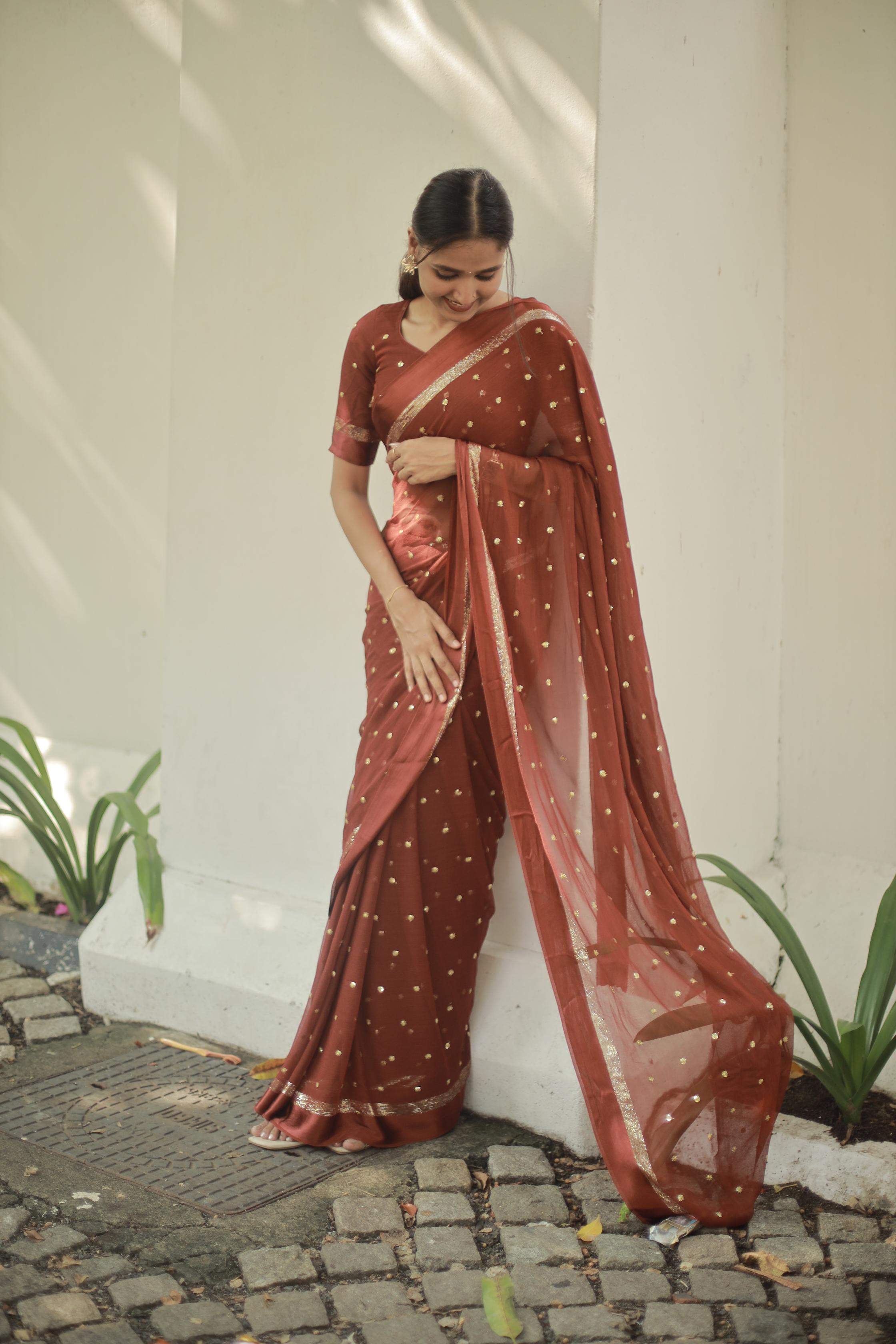 Most Trending Viral Pure Viscose Georgette Festival Rust Color Saree With Satin Border