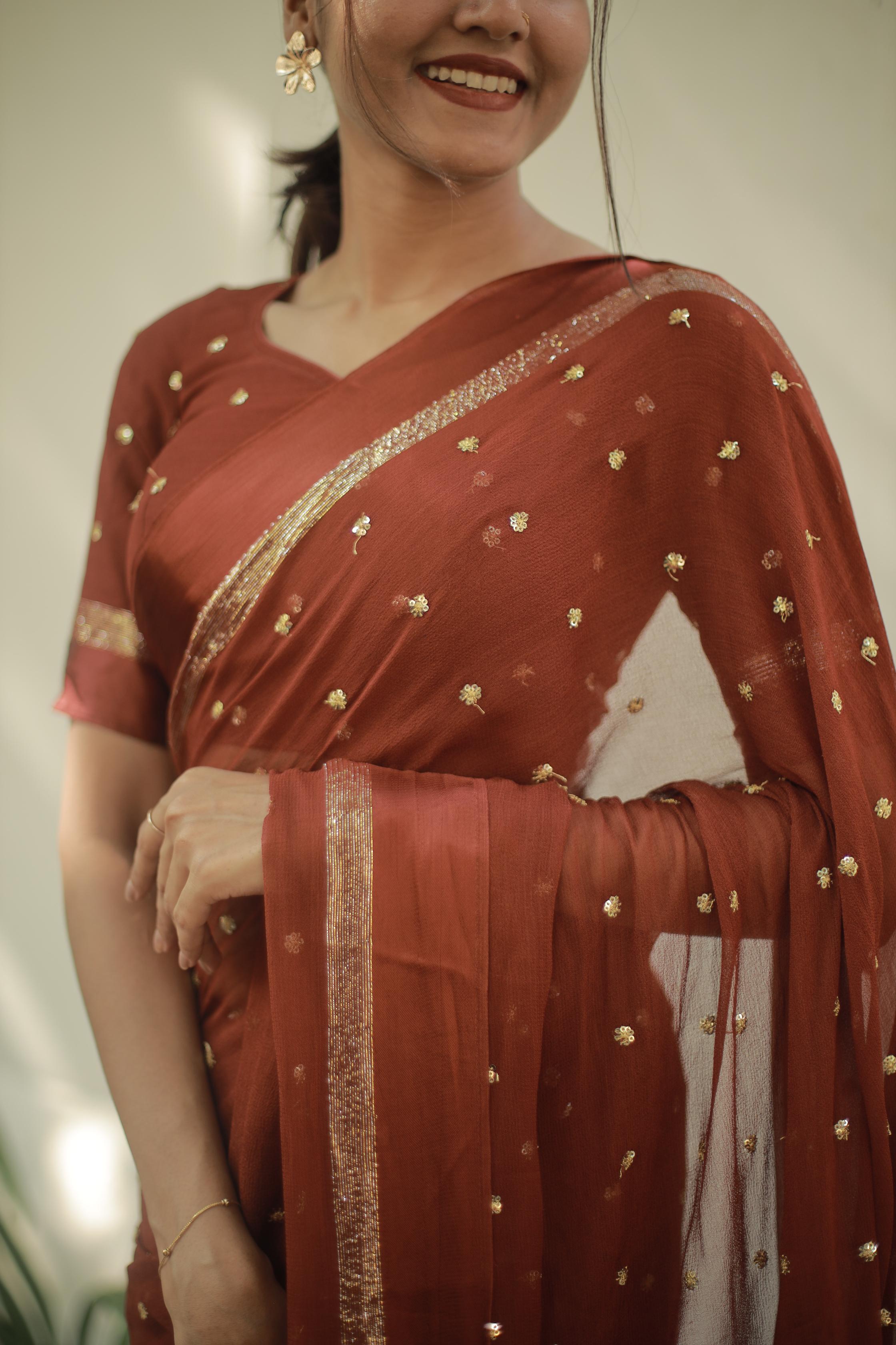 Most Trending Viral Pure Viscose Georgette Festival Rust Color Saree With Satin Border