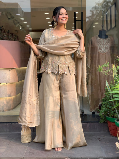 Mehrunisa Champagne Embroidered Sharara Suit Set