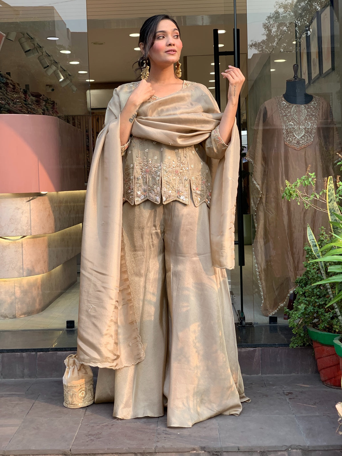 Mehrunisa Champagne Embroidered Sharara Suit Set