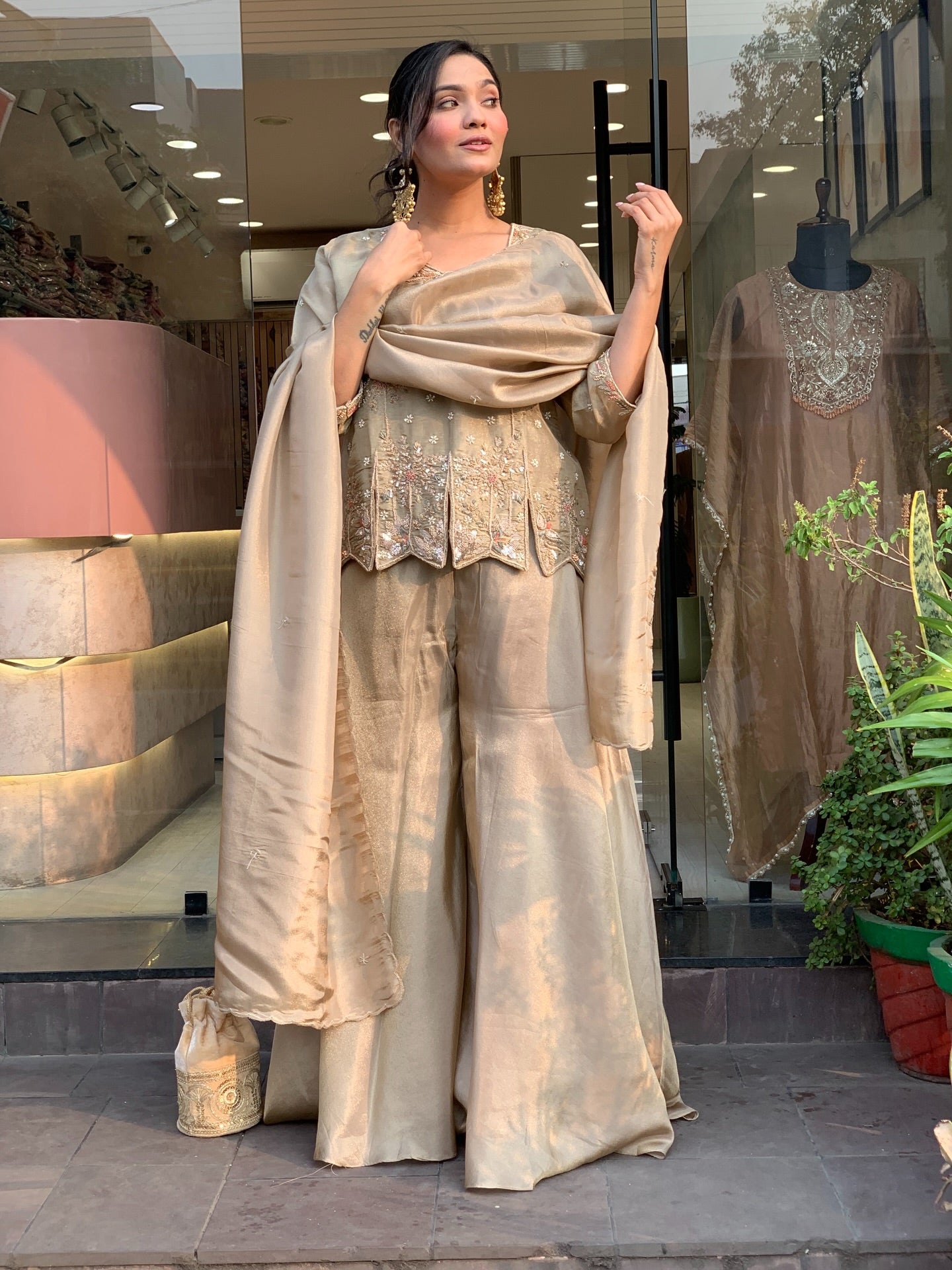 Mehrunisa Champagne Embroidered Sharara Suit Set