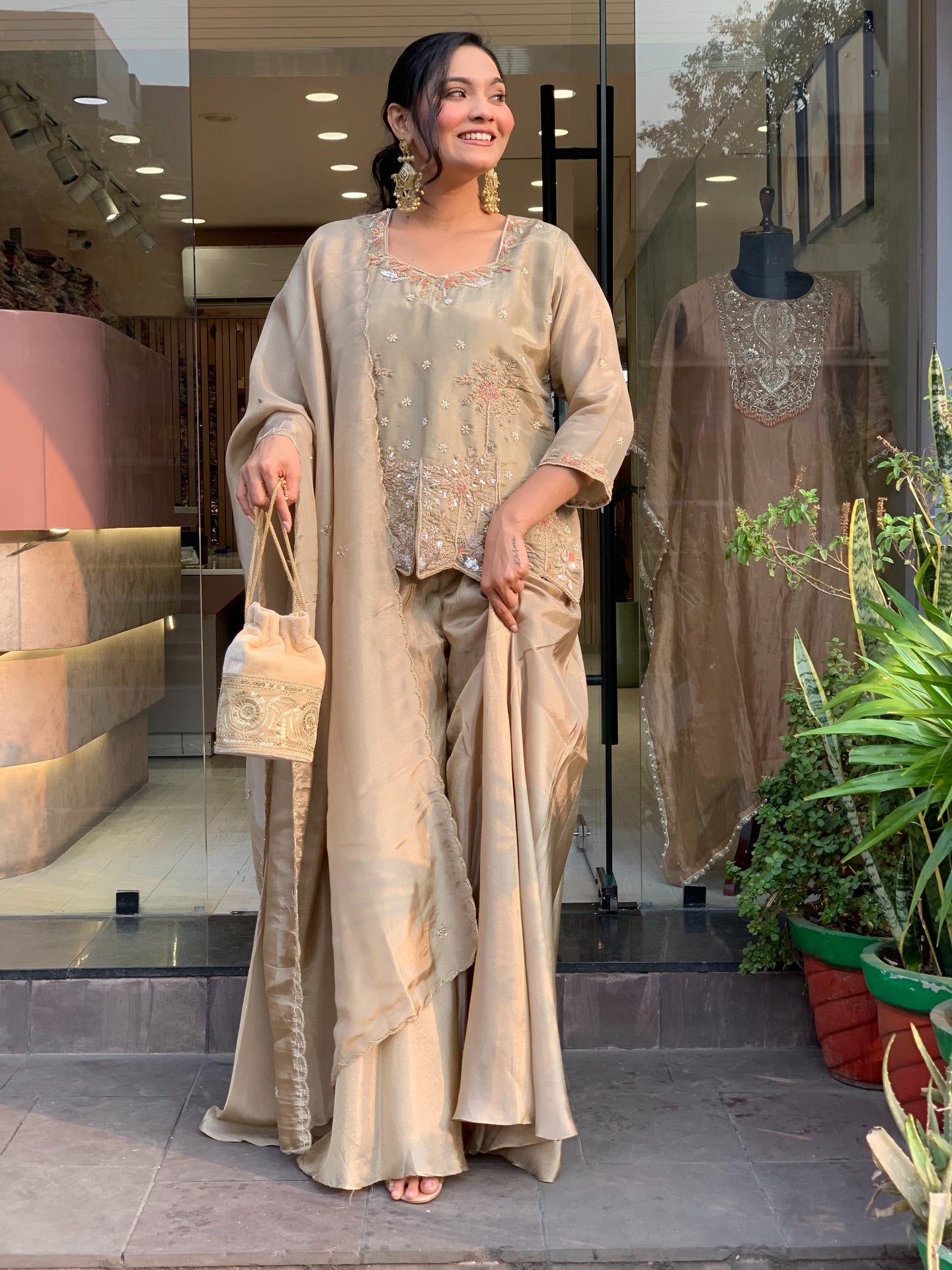 Mehrunisa Champagne Embroidered Sharara Suit Set