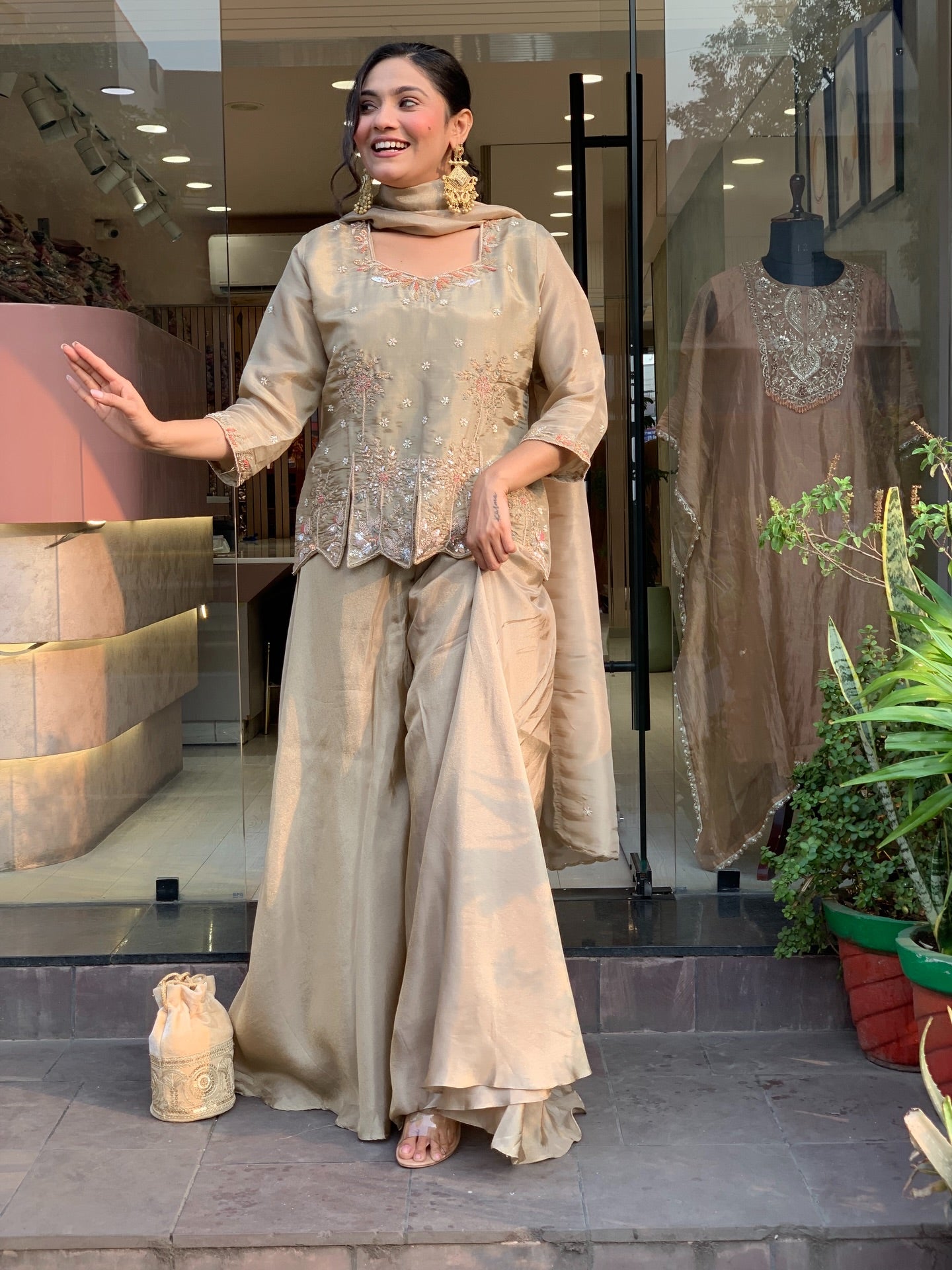 Mehrunisa Champagne Embroidered Sharara Suit Set