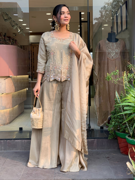 Mehrunisa Champagne Embroidered Sharara Suit Set