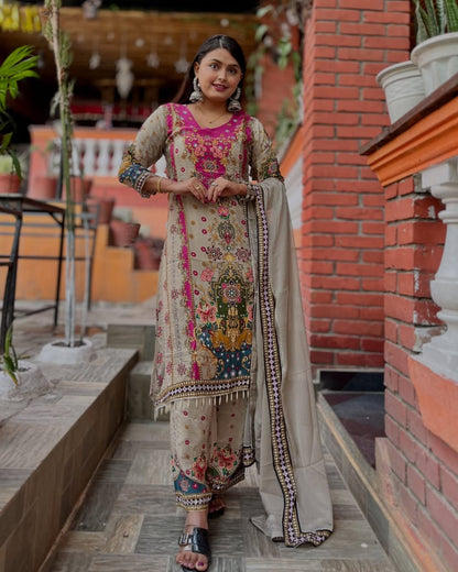 Most Charming Pure Muslin Cotton Suit Set With Plazo