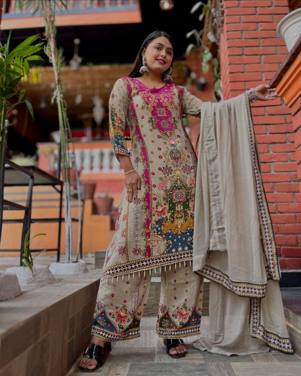 Most Charming Pure Muslin Cotton Suit Set With Plazo