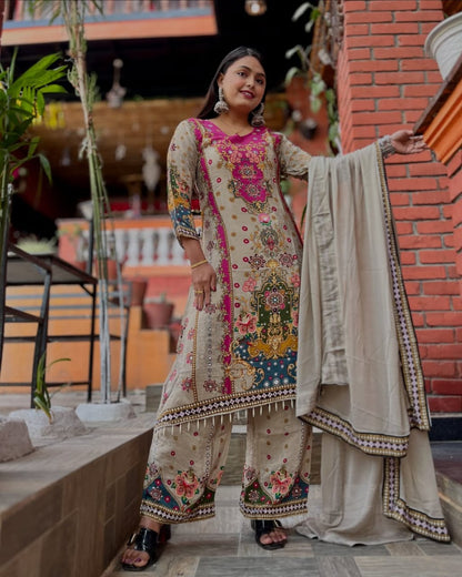 Most Charming Pure Muslin Cotton Suit Set With Plazo