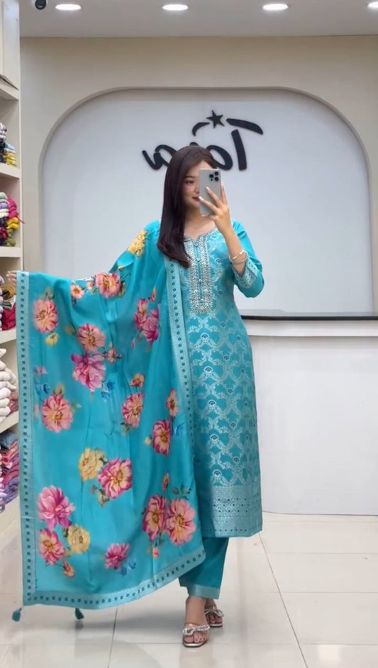 Elegant Pure Banarasi Silk Jequard Weaving Suit Set