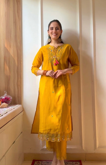 Precious Musturd Pure Chanderi Silk Designer Suit Set With Stylish Dupatta