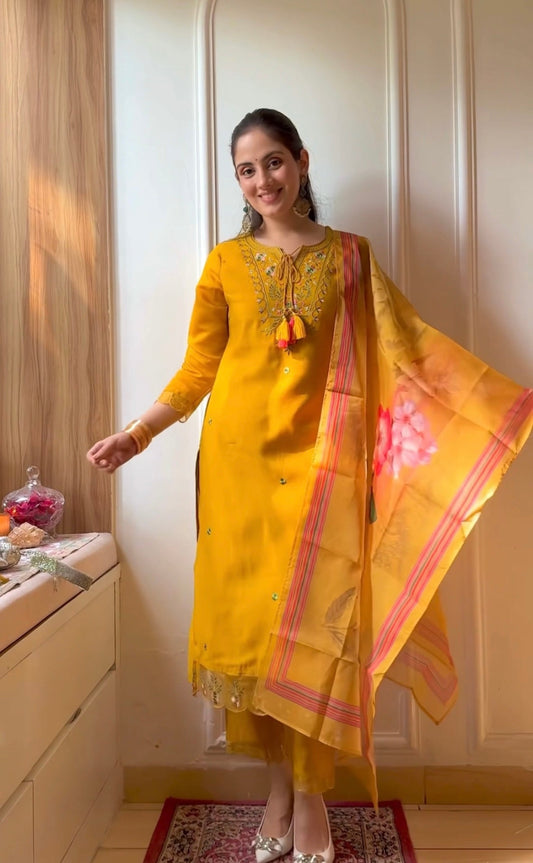 Precious Musturd Pure Chanderi Silk Designer Suit Set With Stylish Dupatta