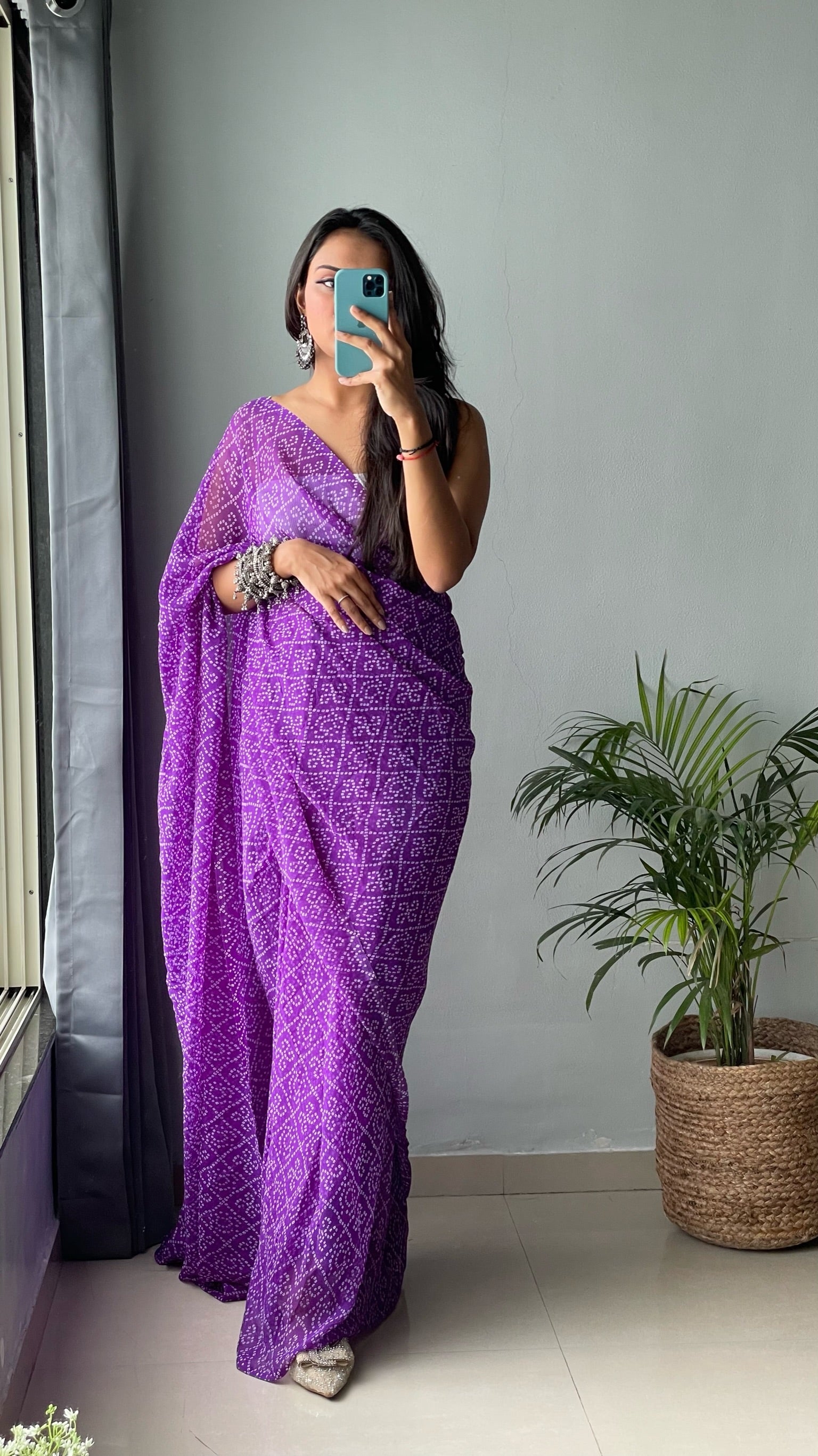 1 Min Ready To Wear Saree In Imported Crushed Bandhej With Heavy Blouse