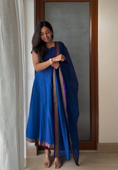 Delightful Blue Narayanpet Anarkali Style Suit Set