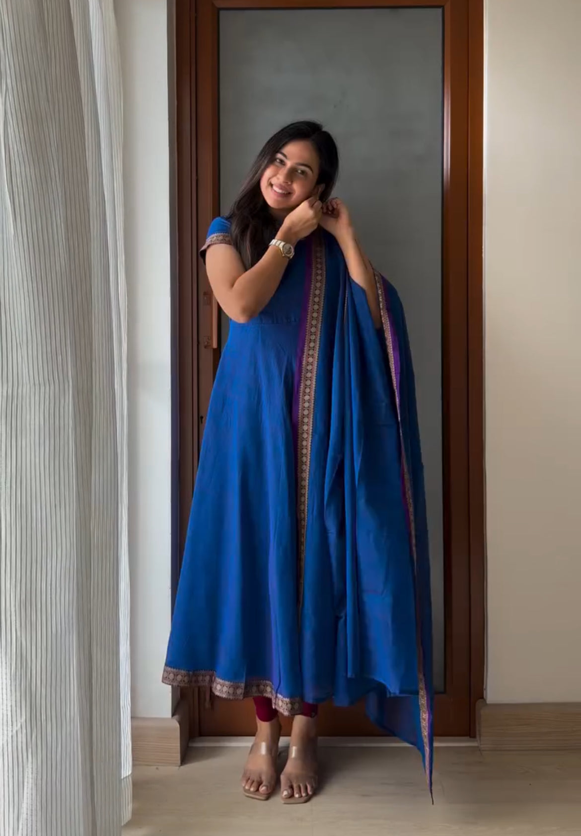 Delightful Blue Narayanpet Anarkali Style Suit Set