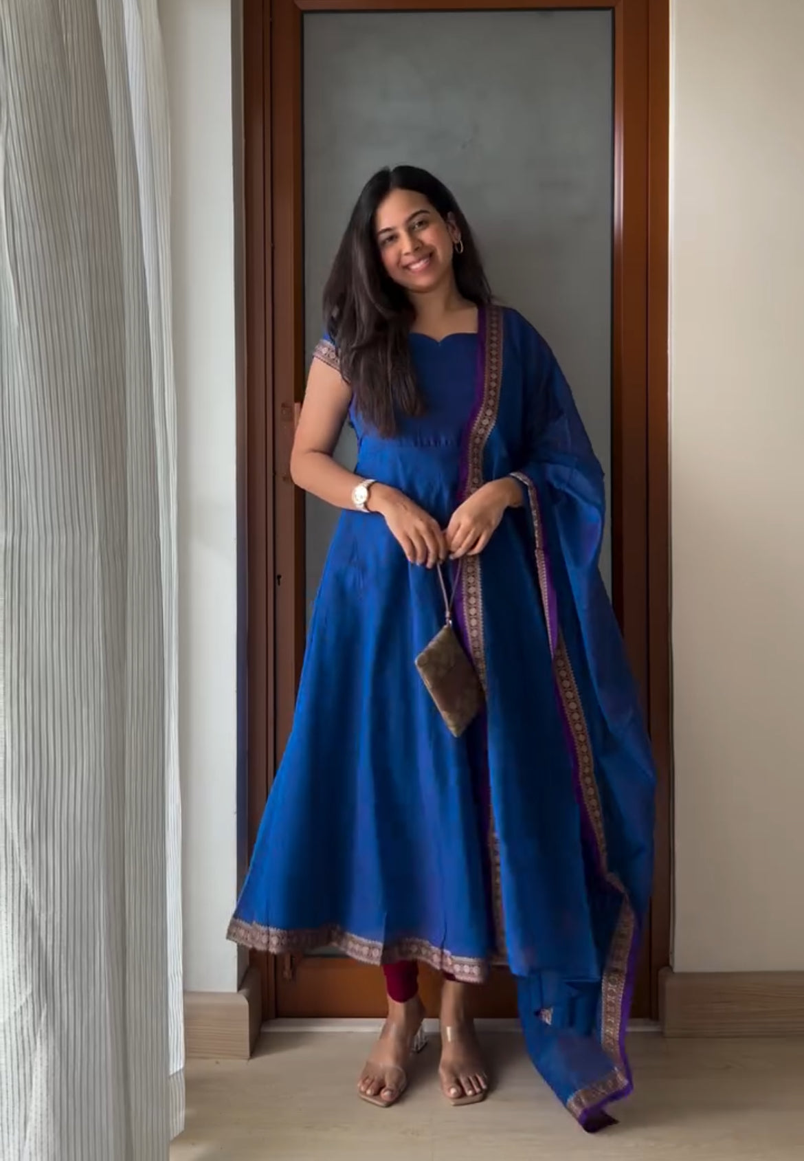 Delightful Blue Narayanpet Anarkali Style Suit Set