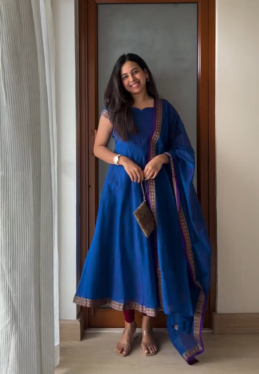 Delightful Blue Narayanpet Anarkali Style Suit Set