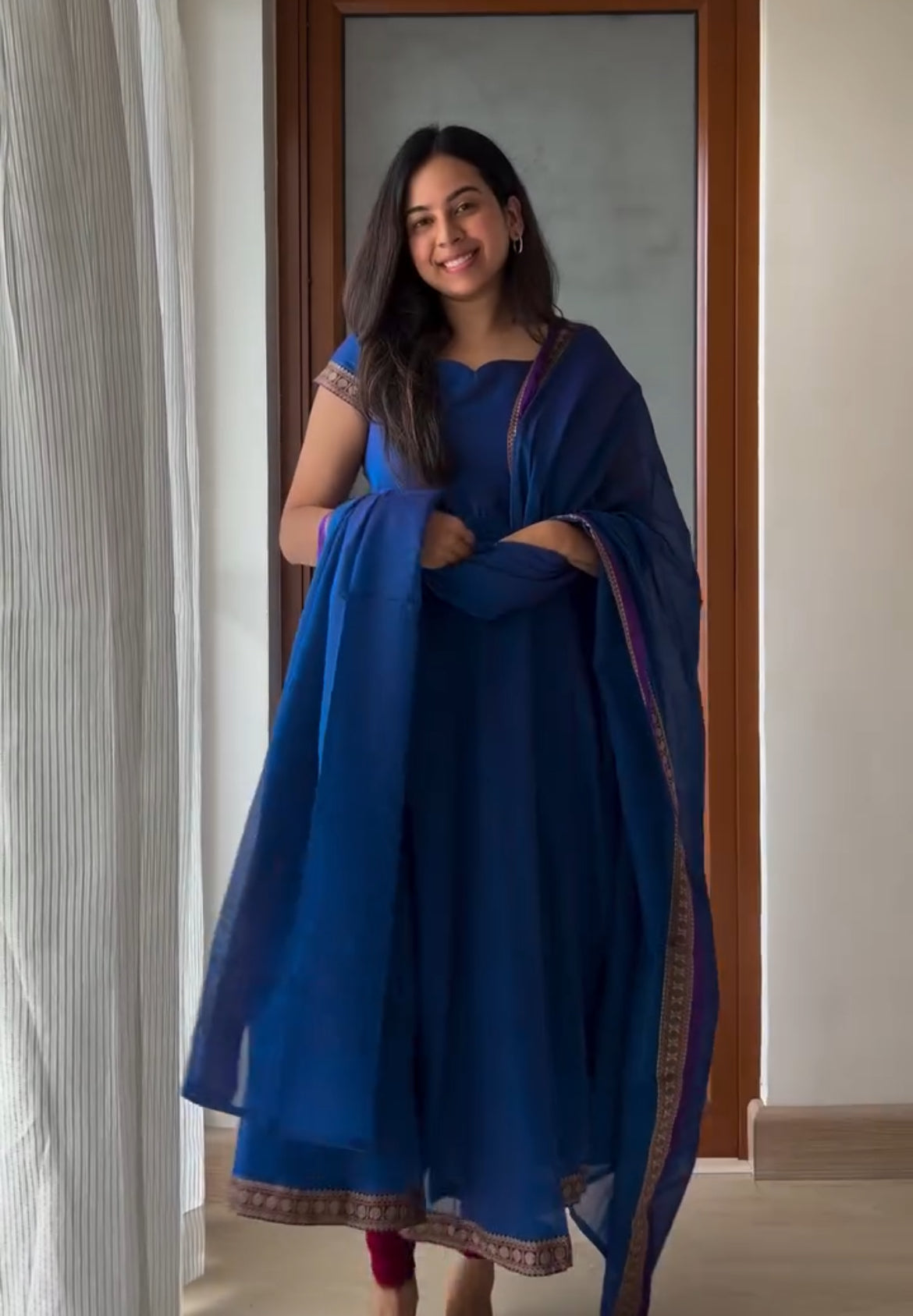 Delightful Blue Narayanpet Anarkali Style Suit Set