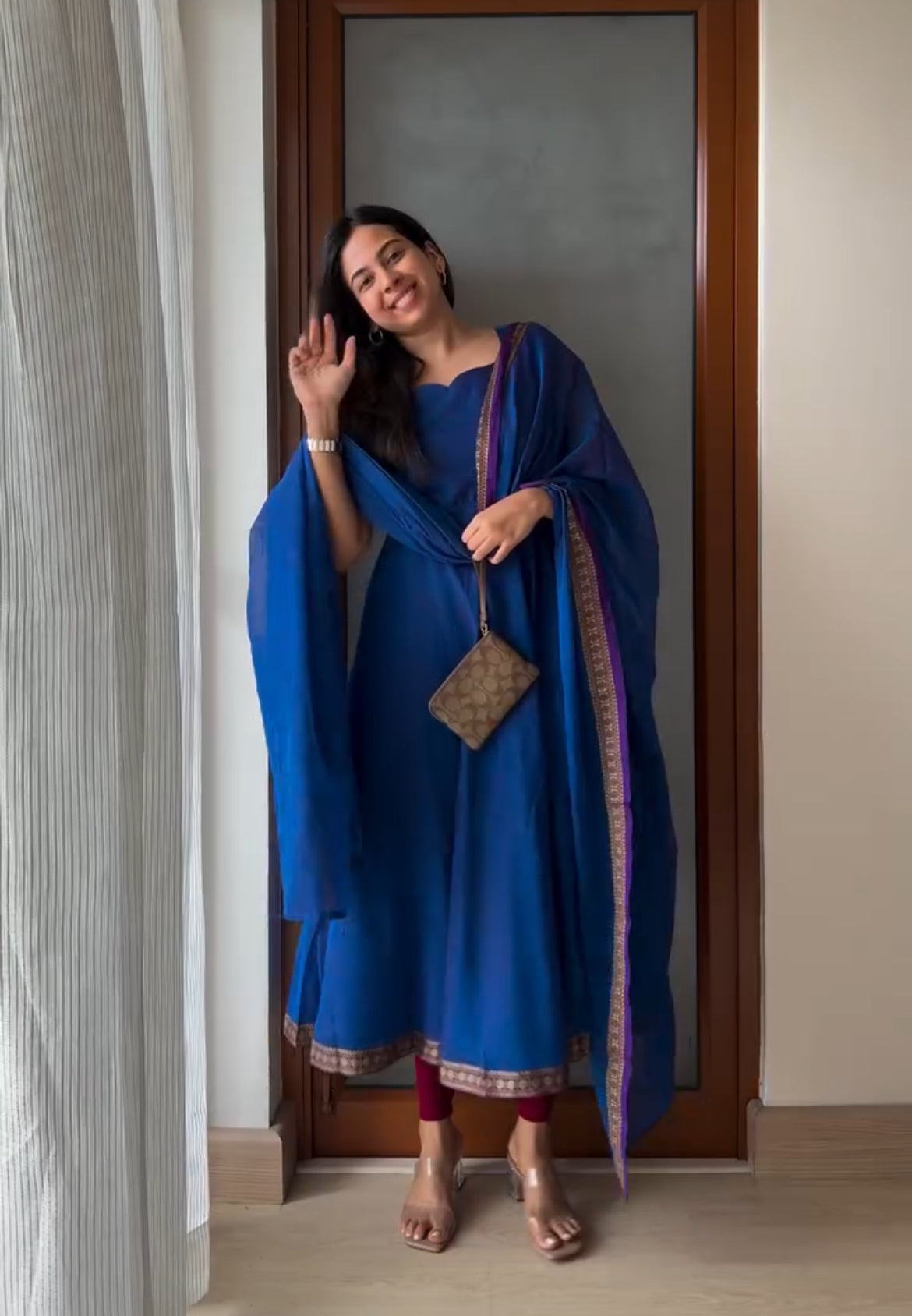 Delightful Blue Narayanpet Anarkali Style Suit Set