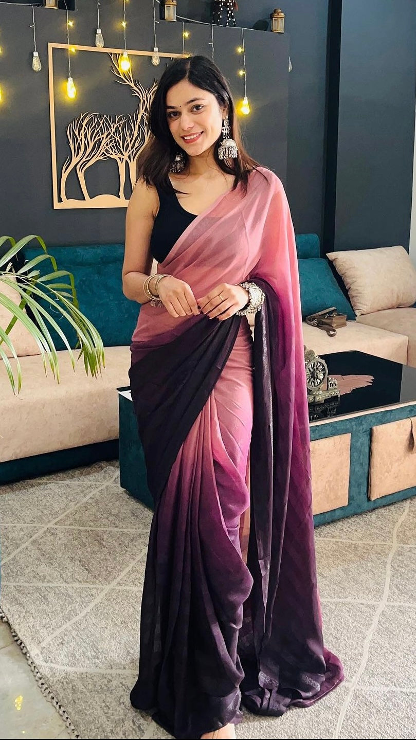 1- Min Ready To Wear Saree In Georgette Fabric With Important Zari Padding