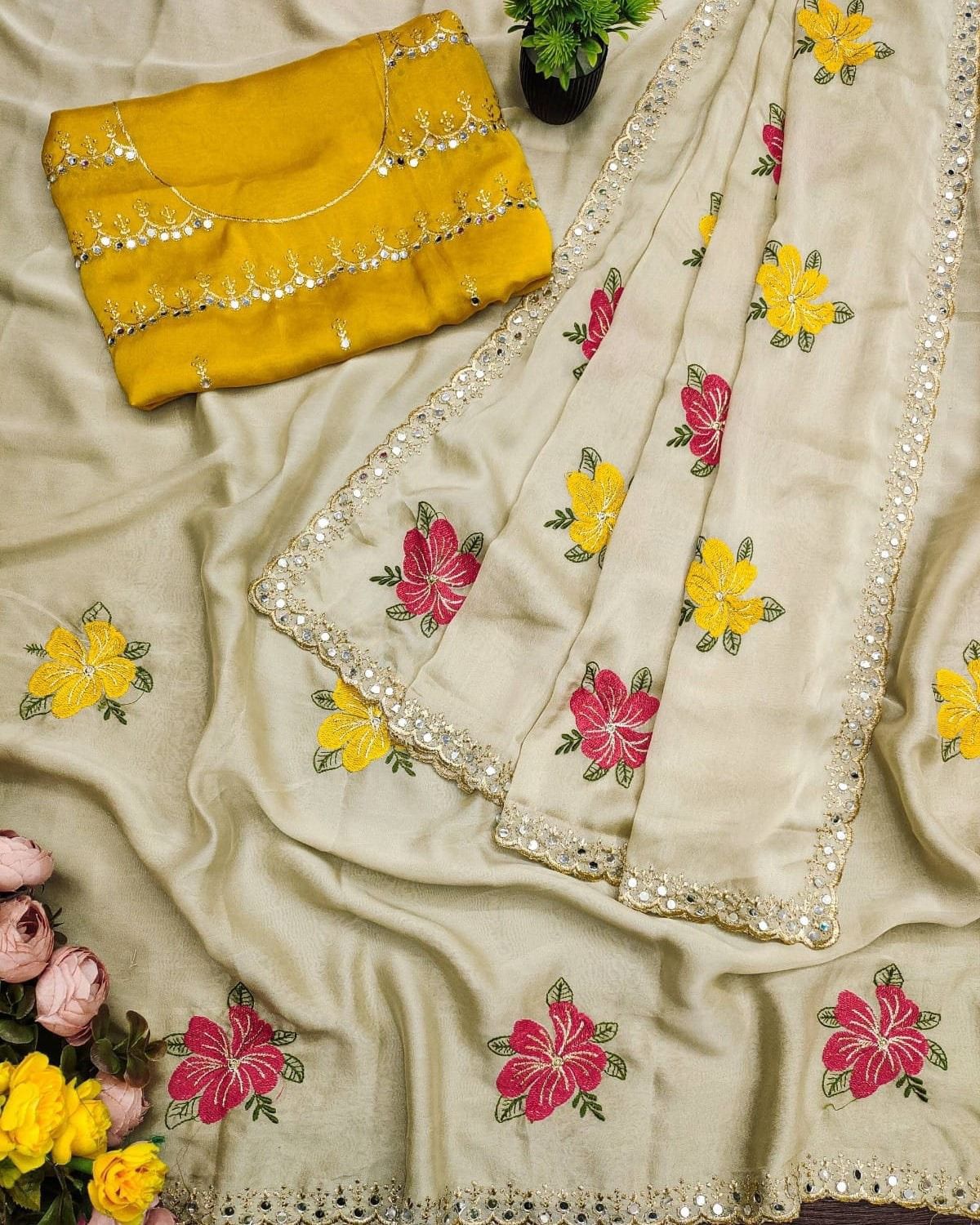 Beautiful Soft Rangoli Silk Saree With embroidery & Mirror Work