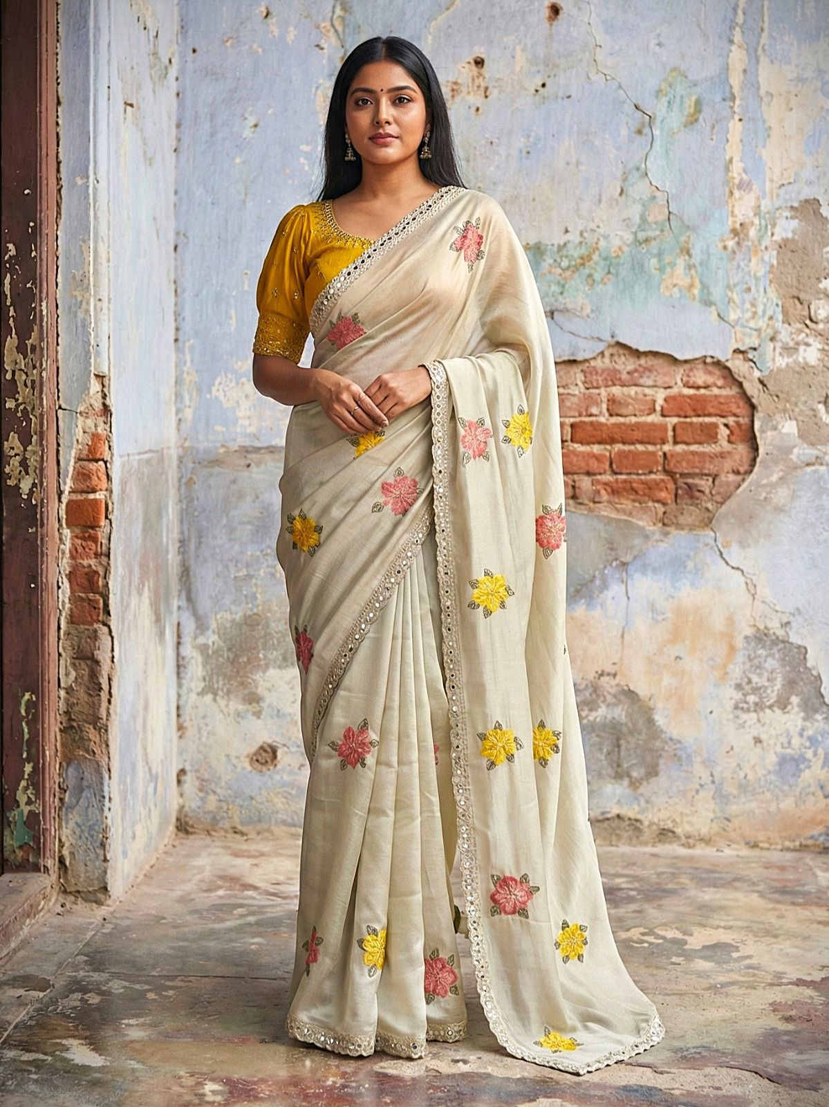 Beautiful Soft Rangoli Silk Saree With embroidery & Mirror Work