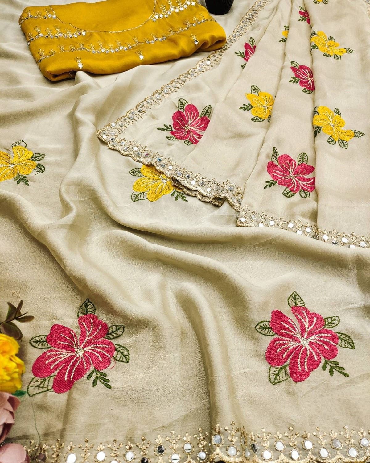 Beautiful Soft Rangoli Silk Saree With embroidery & Mirror Work