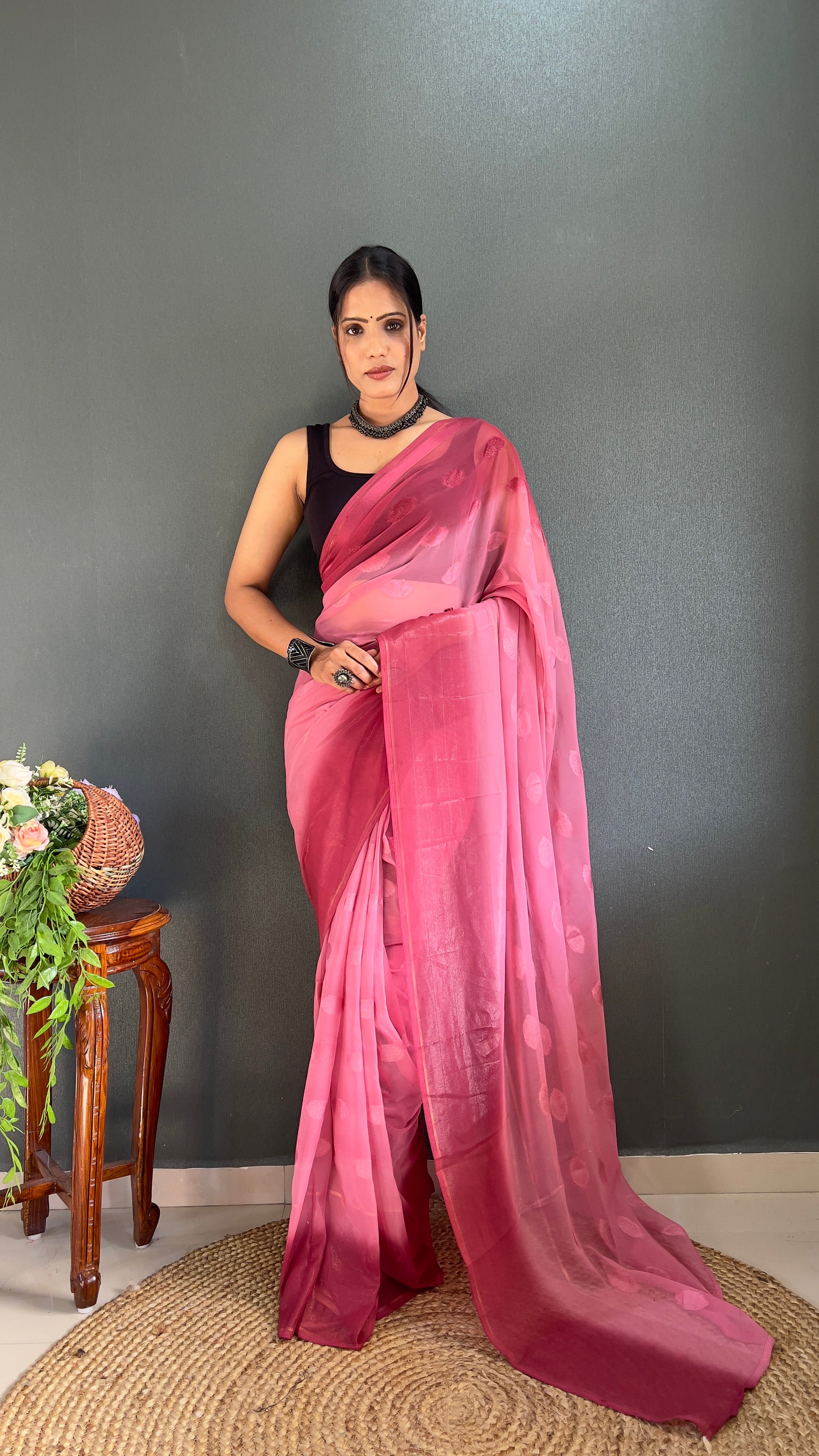 1-Min Ready to Wear Saree in Simmer Butti Silk With Banglori Blouse