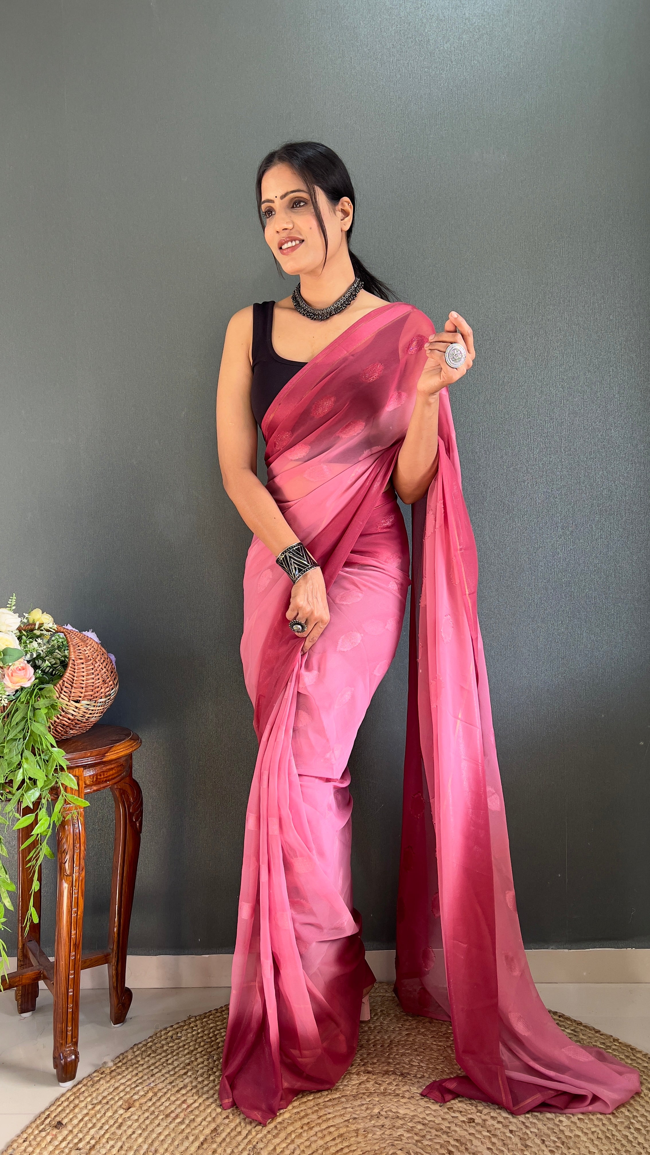 1-Min Ready to Wear Saree in Simmer Butti Silk With Banglori Blouse