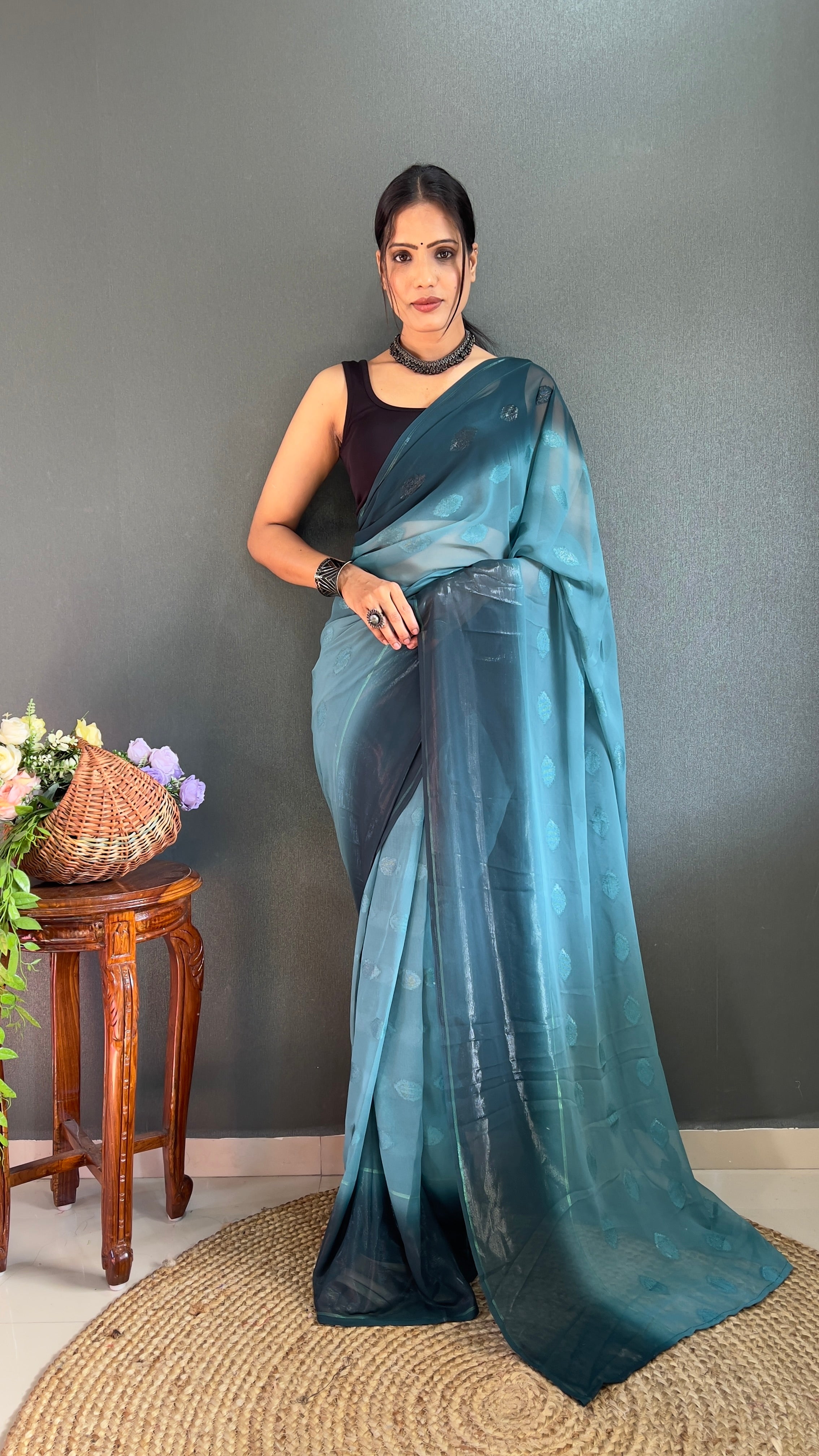 1-Min Ready to Wear Saree in Simmer Butti Silk With Banglori Blouse