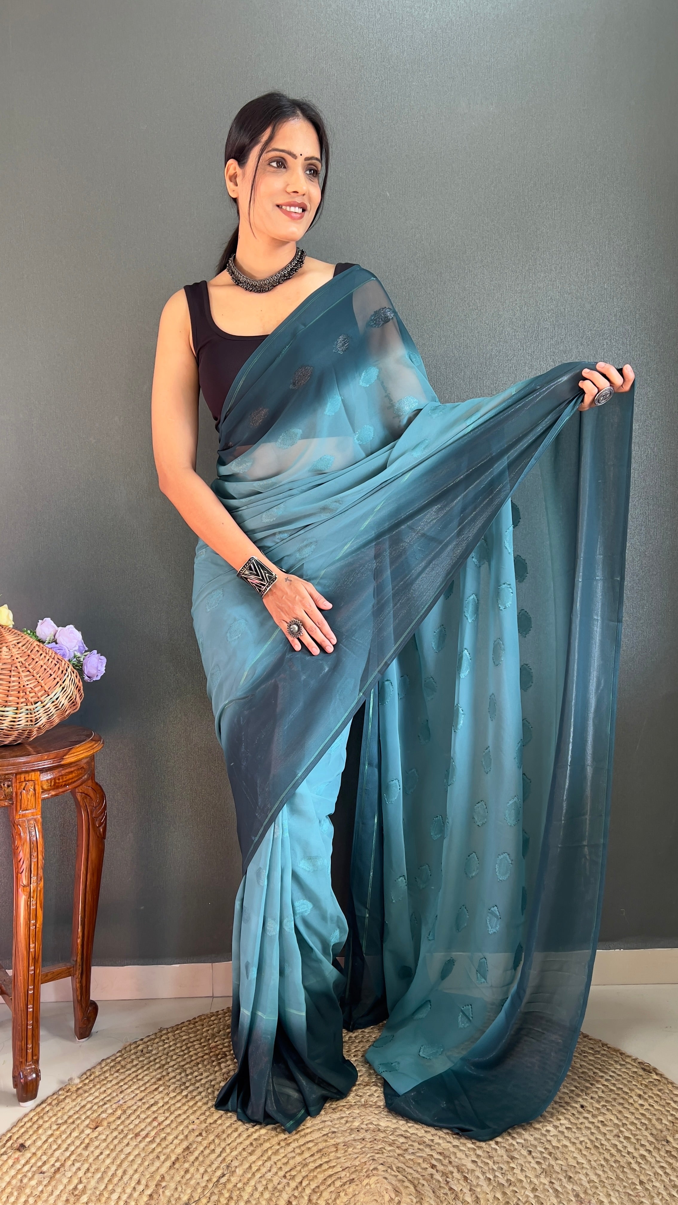 1-Min Ready to Wear Saree in Simmer Butti Silk With Banglori Blouse