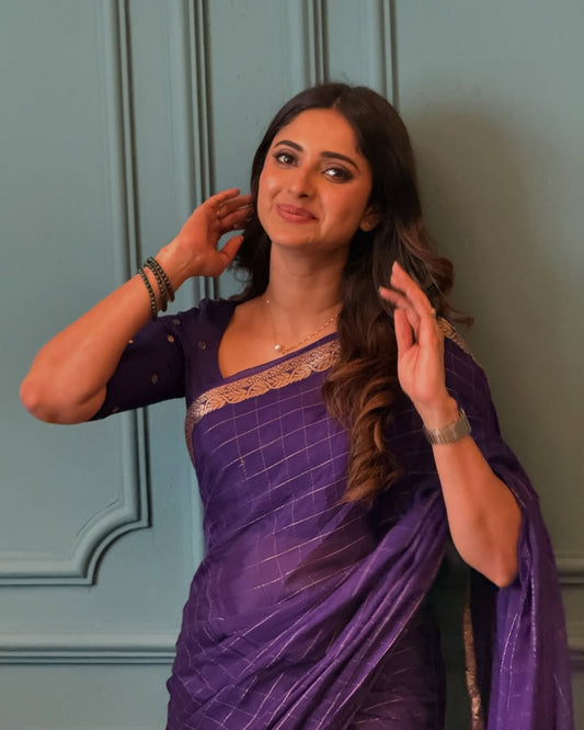 Most Trending Viral Viscose Silk Dark Purple Saree With Weaving Zari Border